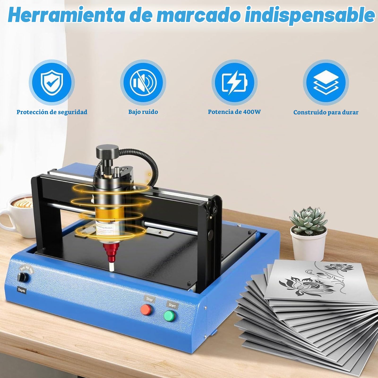 Máquina marcado metal eléctrica 400 W, máquina grabado joyería, dispositivo grabado por micropercusión plástico, para placas identificación acero, velocidad de 50 mm/s.,200 * 150mm