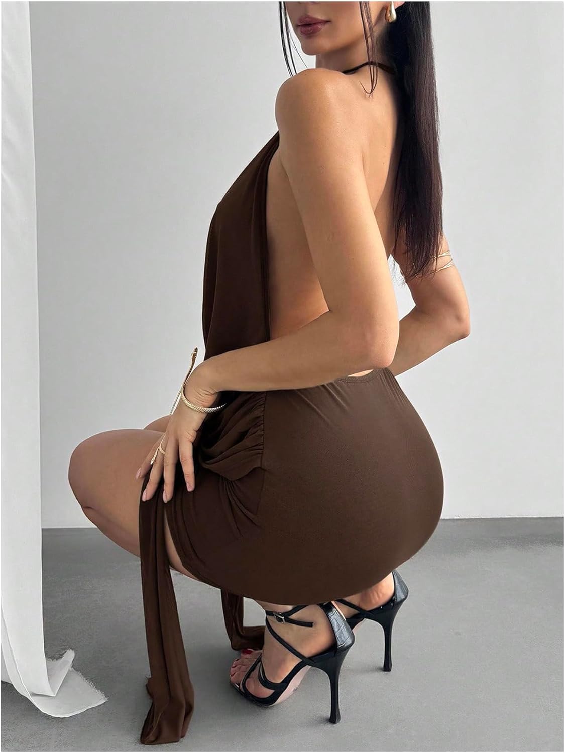 SOLY HUX Women's Sexy Open Back Halter Mini Dress Deep V Neck Draped Sleeveless Backless Party Club Going Out Dresses - Image 2