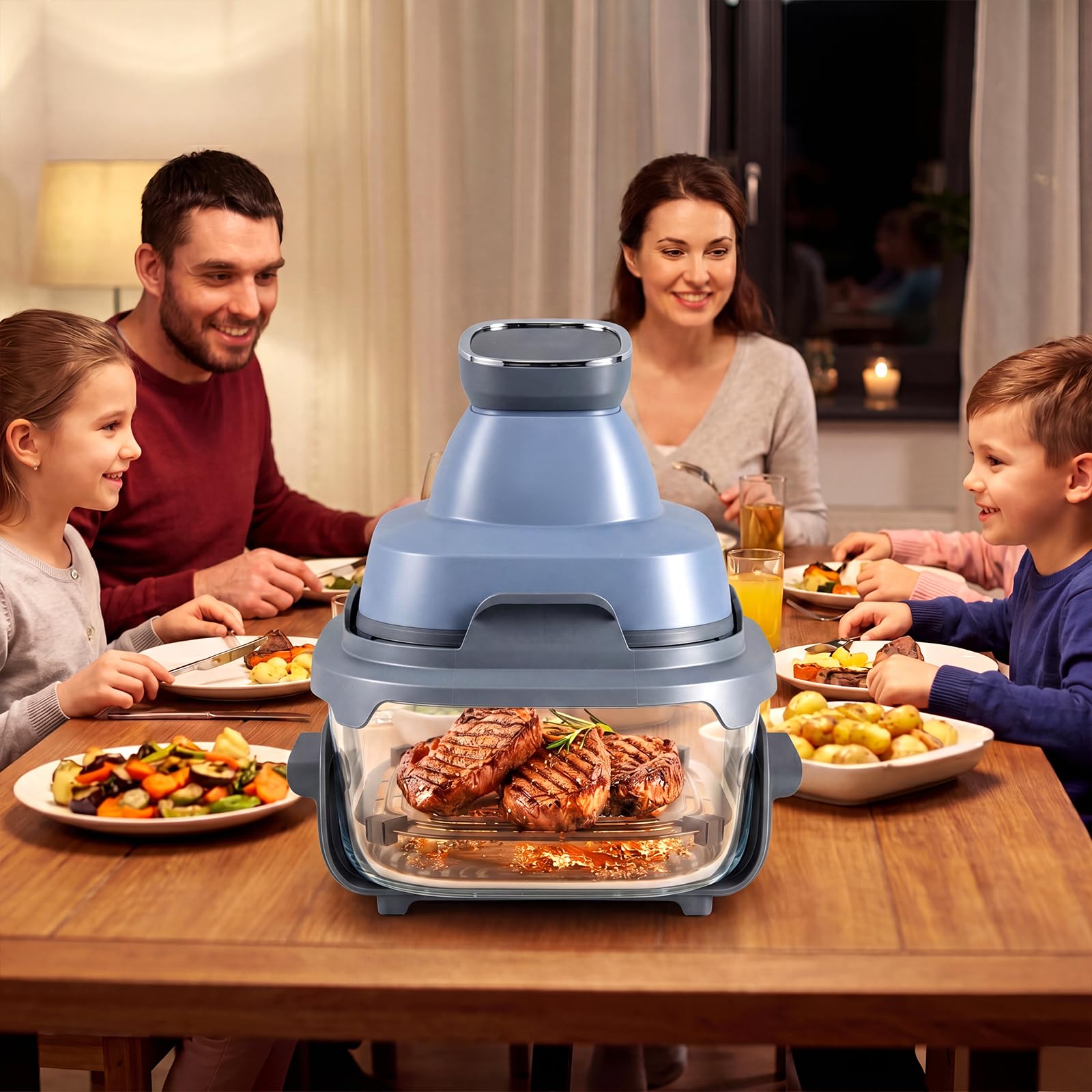 LIFEZEAL Friggitrice ad Aria 4L, 1500 W, 6 programmi, Friggitrice Aria con 2 Contenitori Vetro Rimovibili, Timer, Accessori Lavabili in Lavastoviglie, Portatile per Cucina Casa, Camping (Blu)