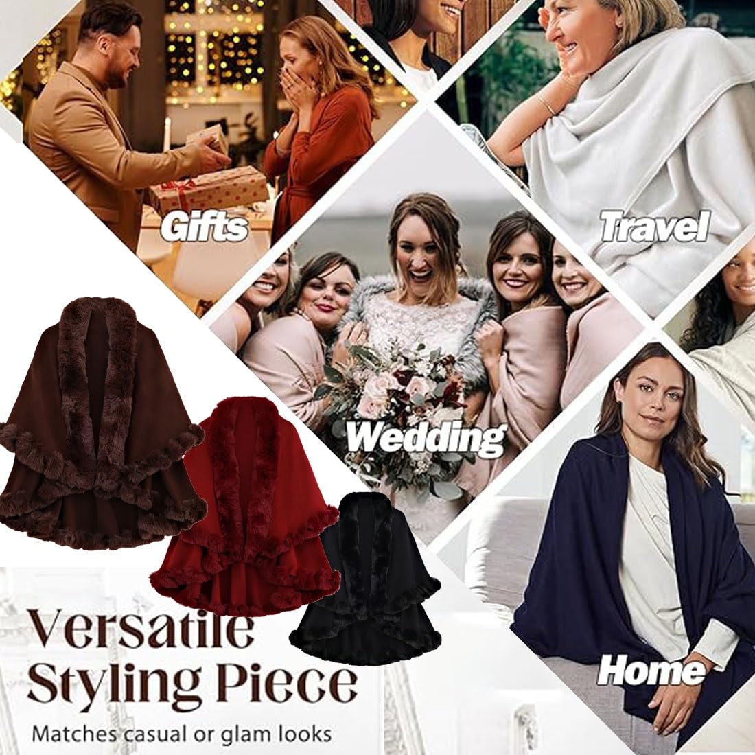 Chal de piel sintética para mujer, elegante capa de forro grueso para graduación, fiesta de noche, abrigo