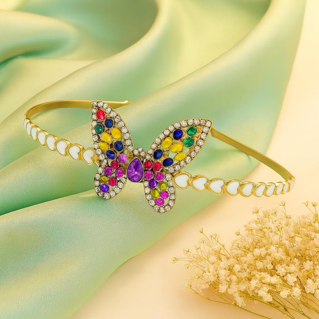 Hair band for girls and women,Butterfly Hair Band with Multicolor Crystal Stones, Gold Plated Metal Band with White Heart Design, Fashion Hair Accessory for Girls, Birthday gifts for kids, special occasions, christmas,new year band.