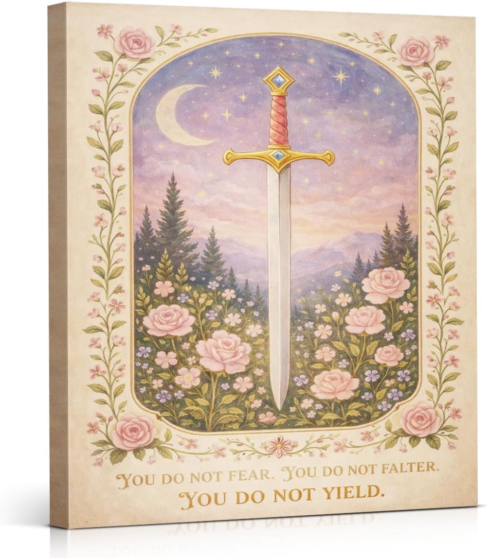 YJIKRTVT Fantasy Sword & Floral Canvas Wall Art, Vintage Motivational Painting, Coquette Medieval Decor for Bedroom Reading Nook, Gift for Book Lovers, 8x10 Inch