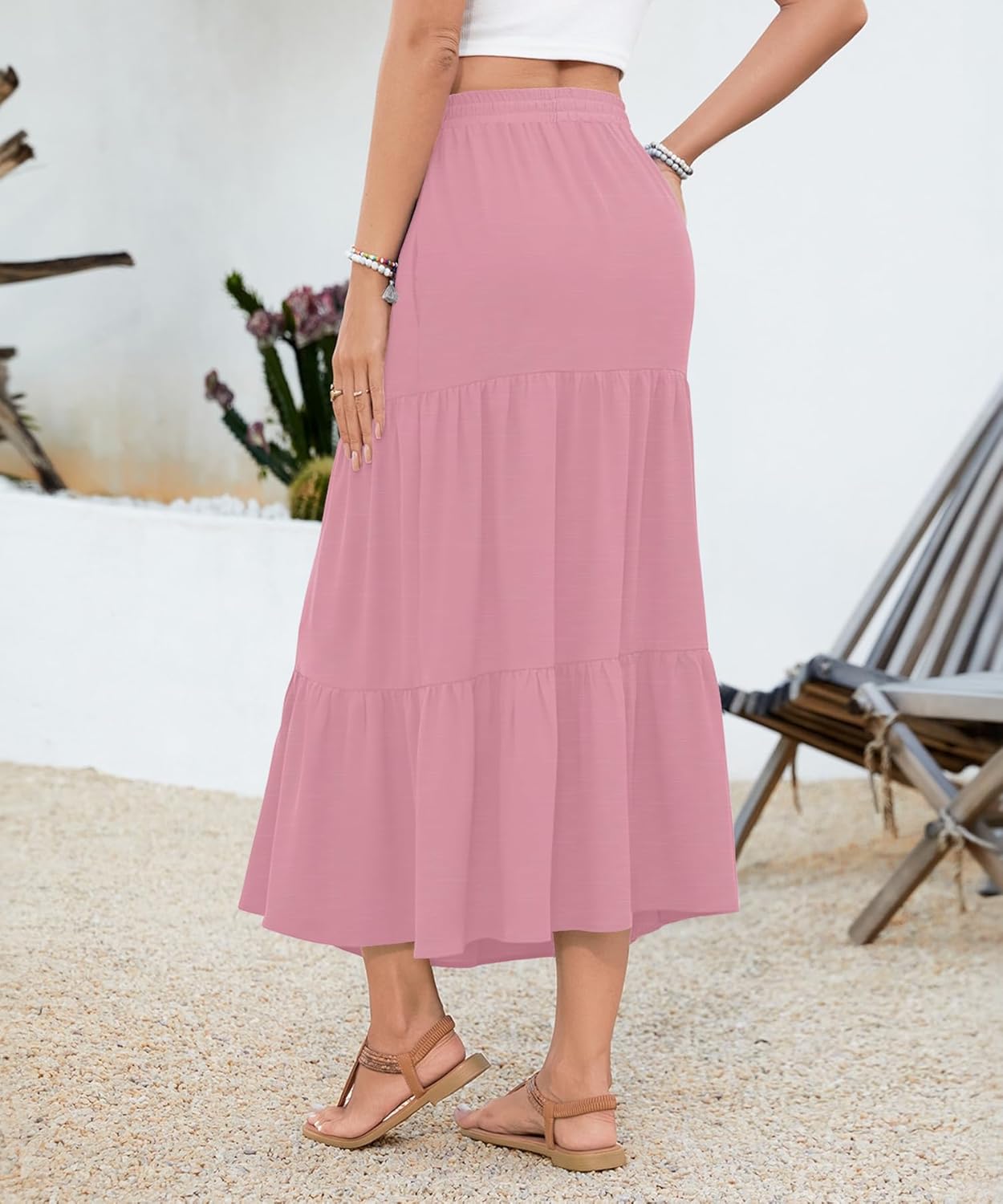 Women's Boho Maxi Skirt with Pockets - Elastic High Waist Flowy Tiered A-Line Long Skirts for Summer Vacation 2026 - Image 4