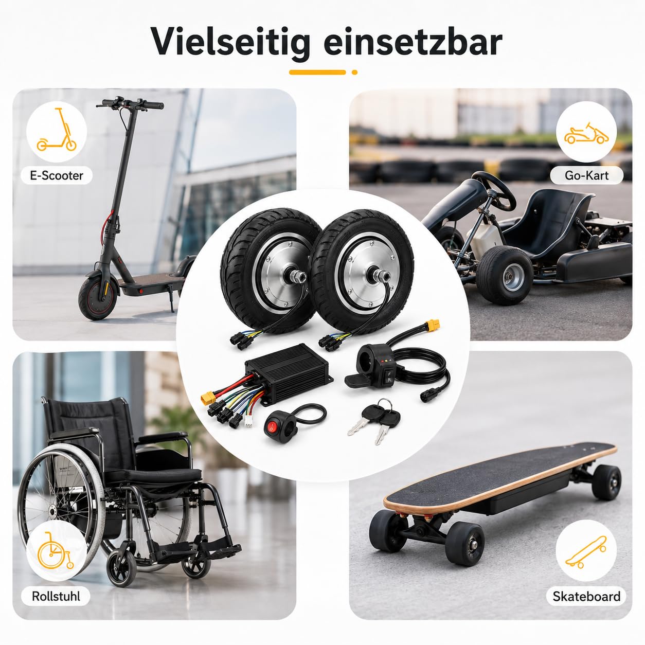 Kit de moteur à double moyeu 8 pouces 2 pièces, kit de moteur à moyeu, kit de moteur électrique pour trottinette DIY, noir-argent, en alliage d'aluminium et caoutchouc pour kart, fauteuil roulant et