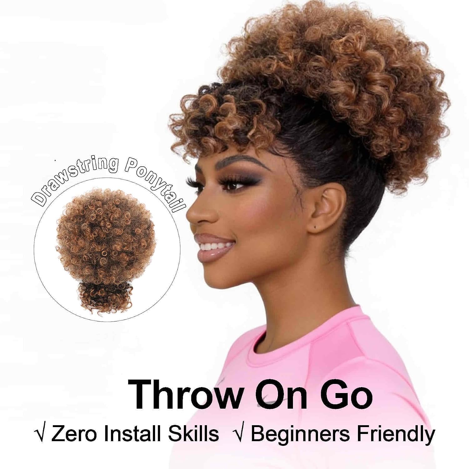 Drawstring Ponytail Extensions with Bangs Afro Puff Kinky Curly Ponytail Extension for Women Natural Updo Short Curly Hairpieces