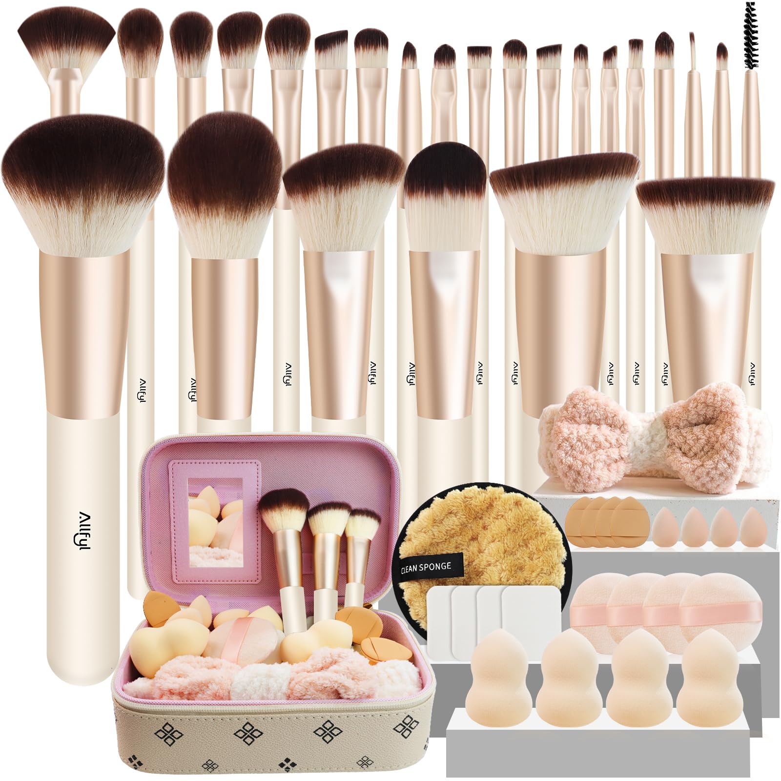 Set de 49 Brochas de Maquillaje Profesionales Premium con Brocha Base y Estuche de Cuero con Espejo - Kit Completo para Contorno, Polvos y Sombras