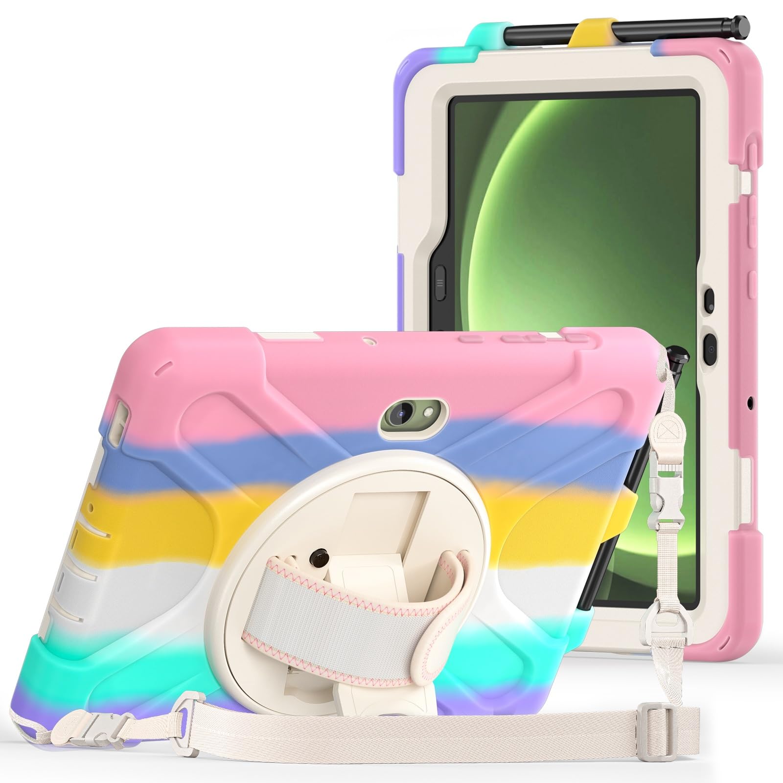 Case for Samsung Galaxy Tab Active5 Pro/4 Pro/Pro 10.1 inch, Full Body Rugged Drop-Proof Hybrid Shockproof Protective Cover with 360° Rotating Kickstand and Hand/Shoulder Strap - Colourful Pink