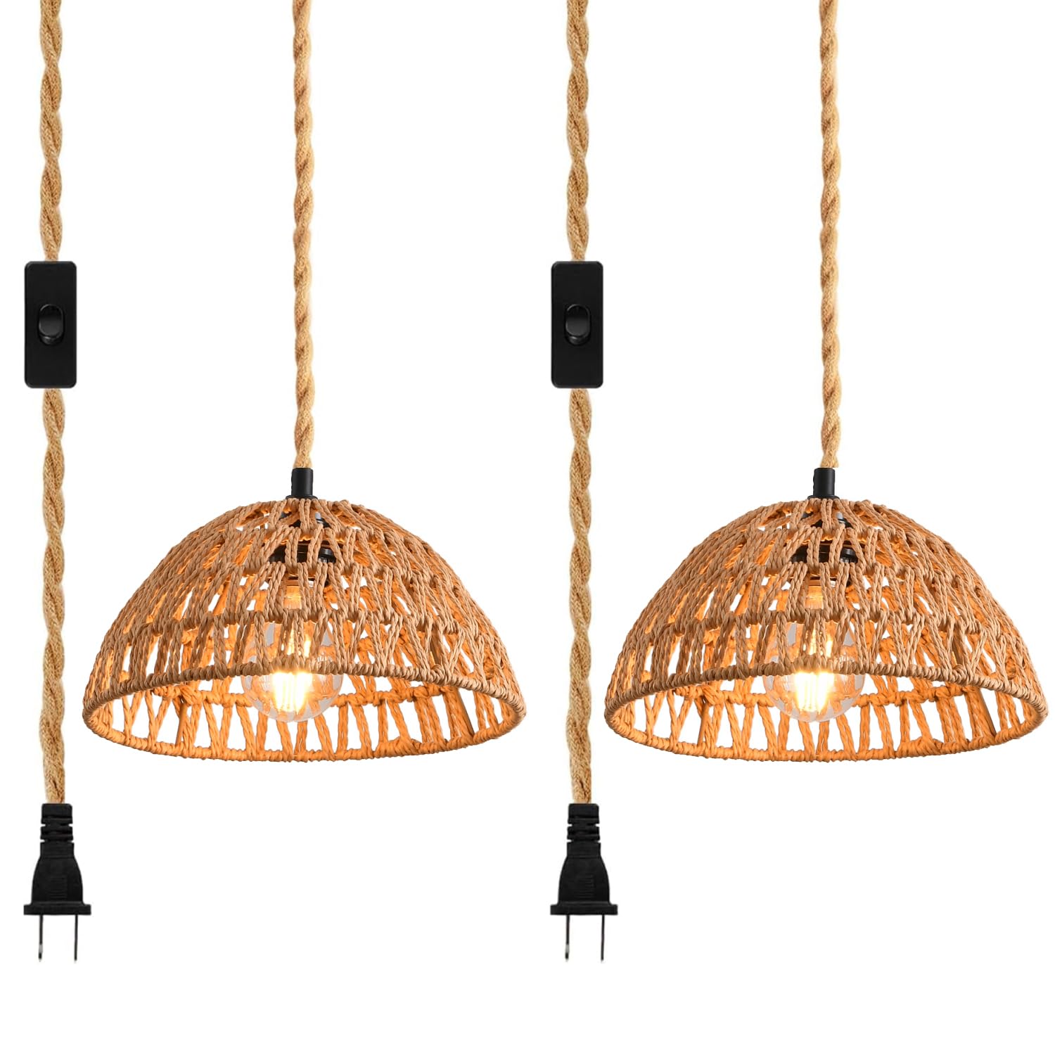 Photo 1 of 2 Pack Plug in Pendant Light 10.2" Rattan Hanging Lamp with Switch,Hemp Rope Cord Boho Woven Wicker Lampshade Hanging Lights with Plug in Cord Ceiling Light Fixture for Living Room Bedroom Kitchen