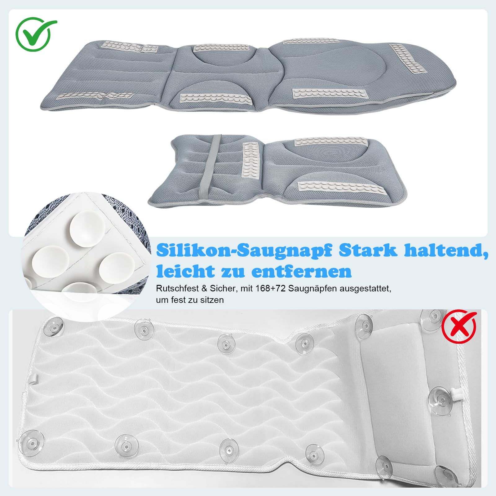 2 In 1 Badewannenkissen Ganzkörper 139 * 45cm+69 * 45cm,Mit Abnehmbares Kinderbadekissen,Mit Saugnäpfebad Anti-Rutsch,Unterstützt Nacken,Rücken,Beine,Badewannenmatte Mit Kissen Für Home Spa
