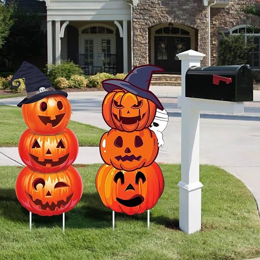 Large Halloween Decorations Outdoor Yard Signs, 2pcs Halloween Ghost Pumpkin Decor Yard Stakes Prop for Lawn Decorations Outdoor Garden Home Party Decor