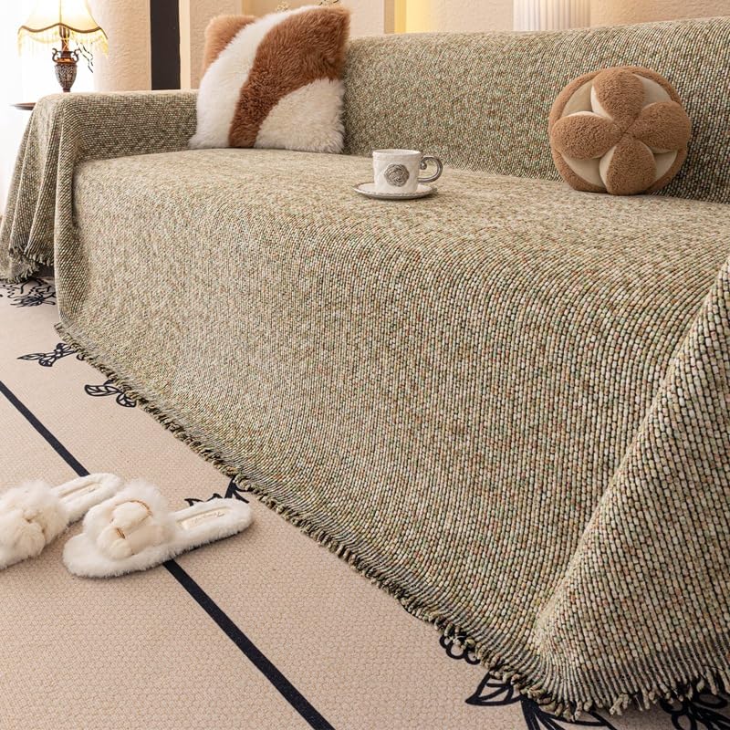 Plaid en chenille vert pour canapé d'angle, grand jeté doux de salon