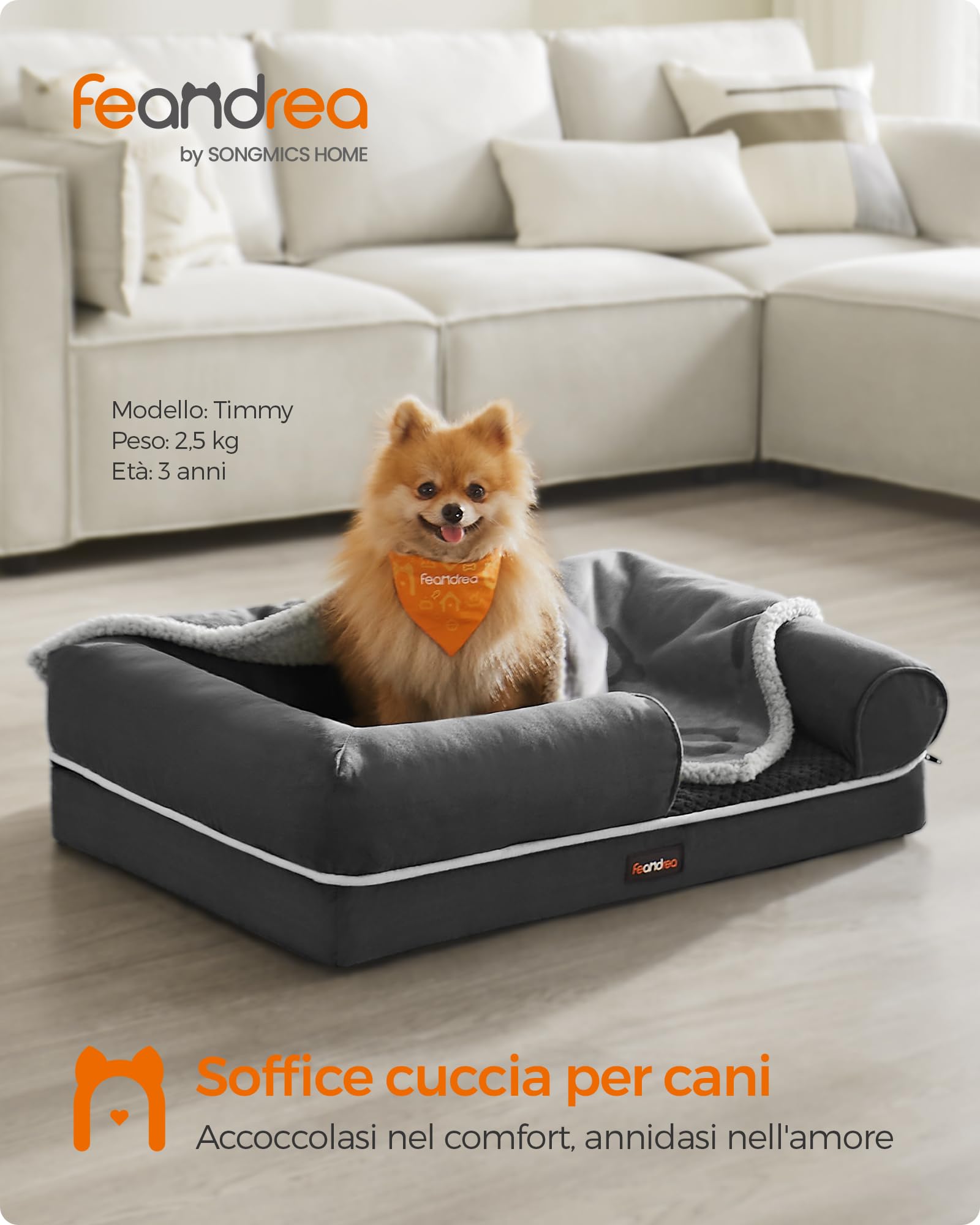 Feandrea Cuccia per Cani Ortopedica, Letto Divano per Animali, Imbottitura Morbida, Bordi Rialzati, Copertura Sfoderabile e Lavabile, 76 x 51 x 18 cm, Fondo Antiscivolo, Grigio Scuro PGW074G01