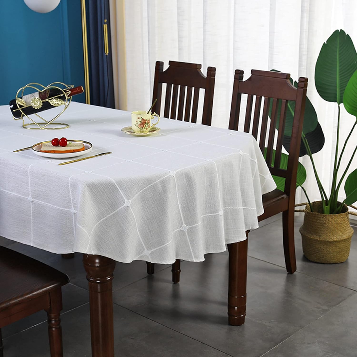 Rustic Farmhouse Small Oval Tablecloth Embroidered Checkered Fabric