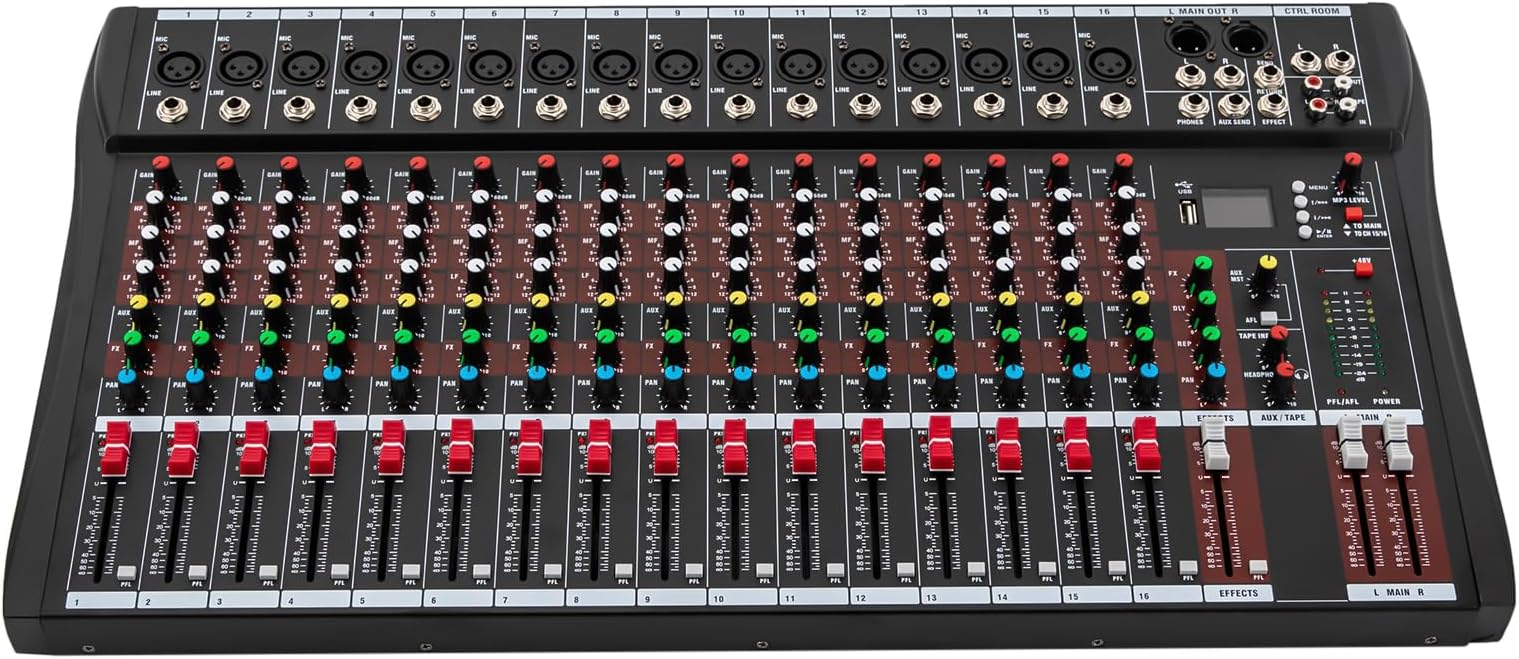 Audio Mixer 16 Channel Bluetooth Live Studio LED Display Professional USB Mixing Console with 3-Band EQ Sound Board Console DJ Studio Audio Mixer for PC Recording Music (16 Channel)