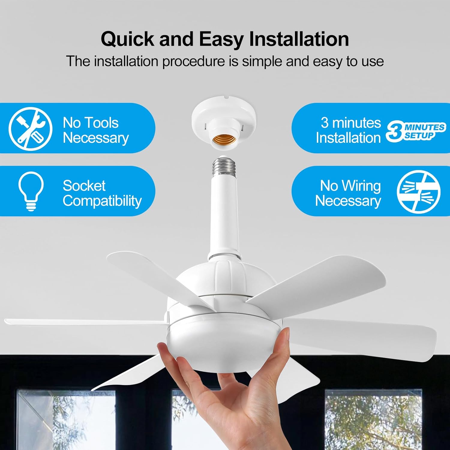 Socket Fan Light E26 Ceiling Fan 6 Speed with Natrual Wind 3000-6500 Color Temperature 200-1500Lum Smooth Adjustment with Remote and App for Living Room Bedroom Kitchen Light Replacemen(White 2Pack)