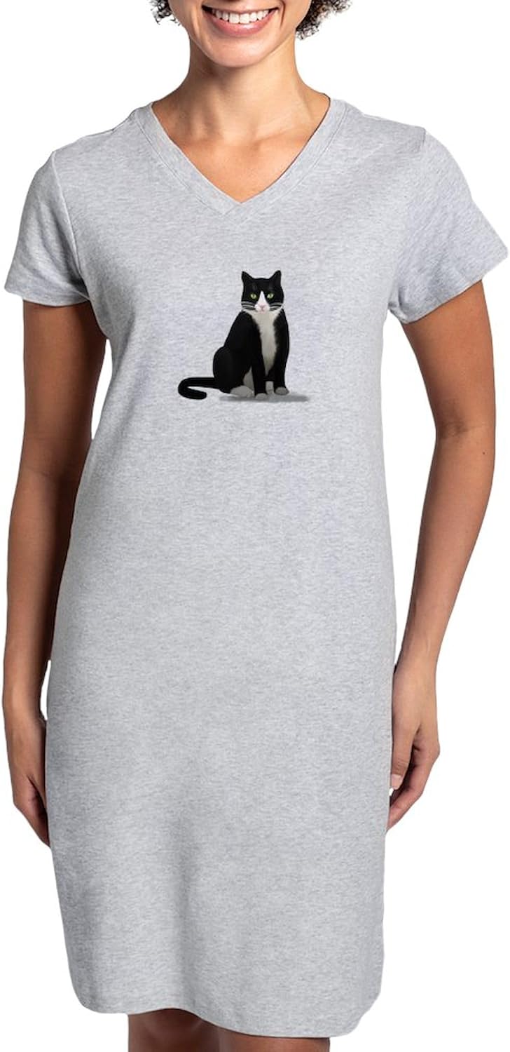 CafePress Black And White Tuxedo Cat Women's Nightshirt, Soft Long Pajama Shirt, Cotton PJs/Pyjamas