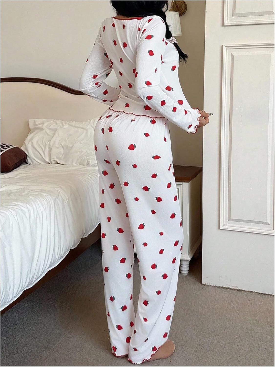 SHENHE Women's 2 Piece Pajama Set Long Sleeve Bow Top and Pants Strawberry Pjs Sleep Lounge Set - Image 3