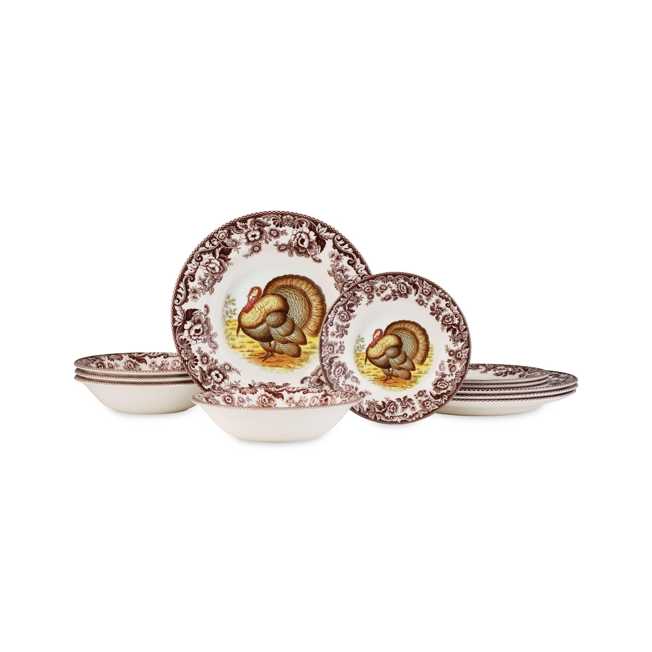 Woodland Turkey 12 Piece Dinnerware Set | Thanksgiving Plates and Bowls, Fall Autumn Tableware, Dishwasher Safe, Made in England