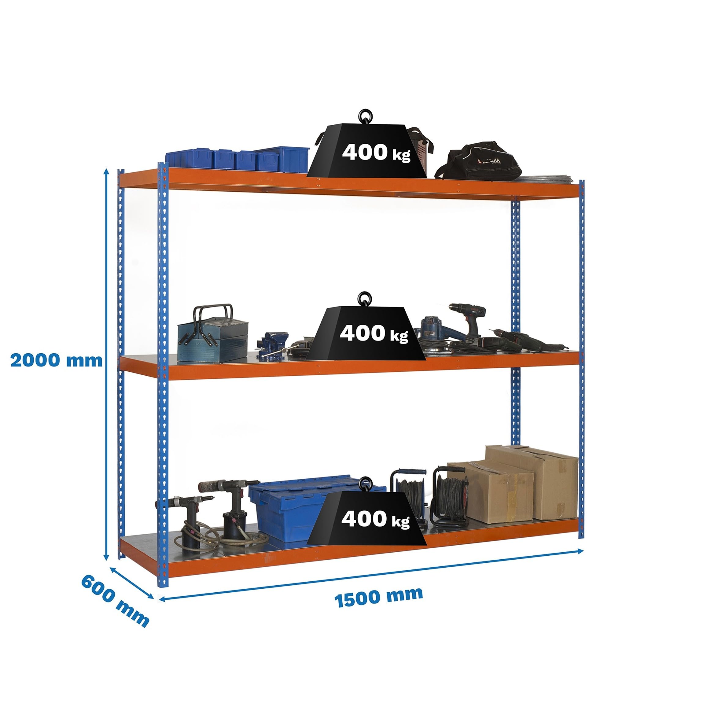 SimonRack Estantería Metálica Almacenaje, Sin Tornillos, 3 Baldas, Alta Capacidad Carga 400 kg, 2000x1500x750 mm, Estantería Taller Garaje Trastero, Azul/Naranja/Galva | 3 Estantes Metálicos, 400 kg de Punto Flexión, Pintura anticorrosión, Azul/Naranja/Ga