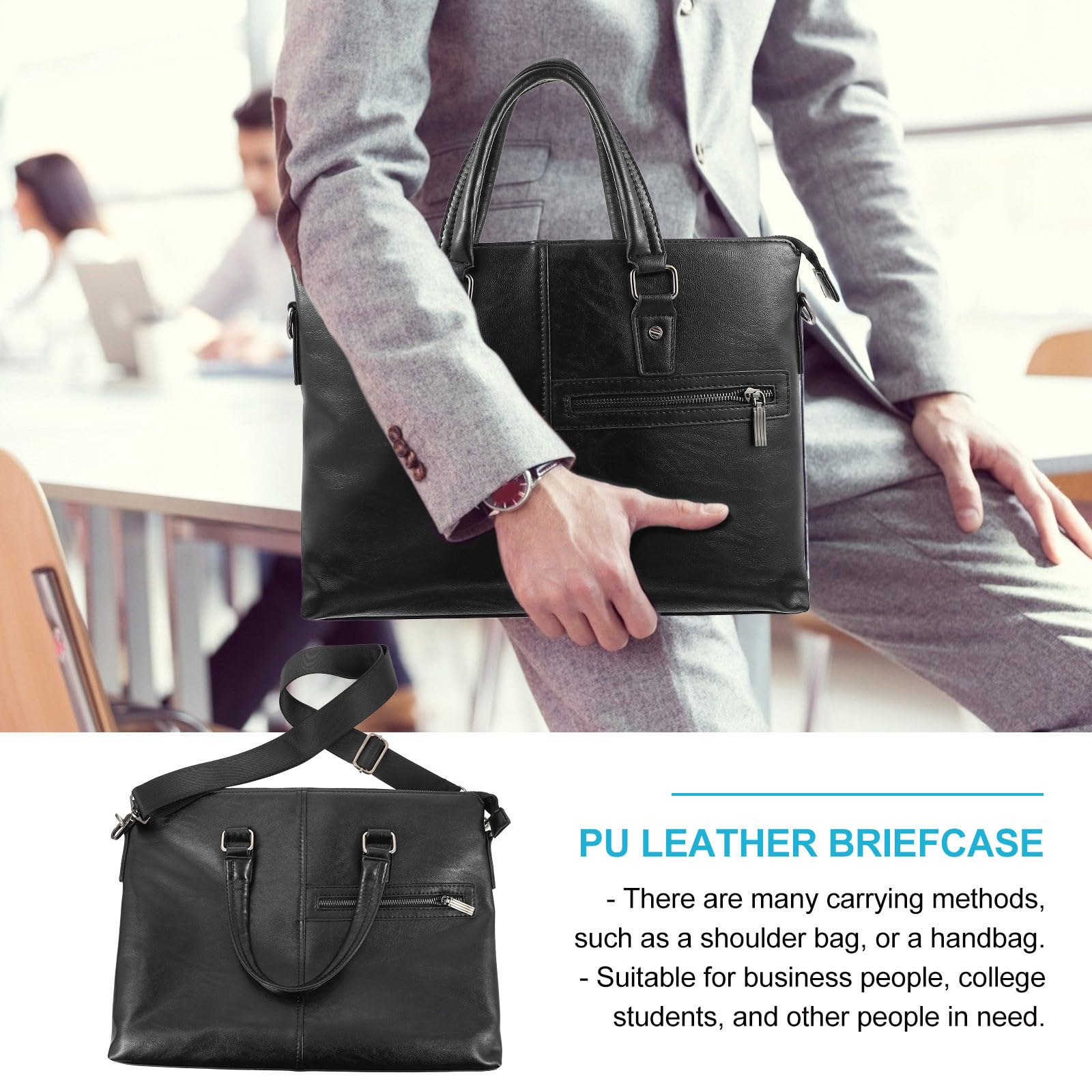 Borsa Porta Computer in Pu Pelle Nera Ampio Volume e Resistente All'acqua per Usi Professionali Maschili