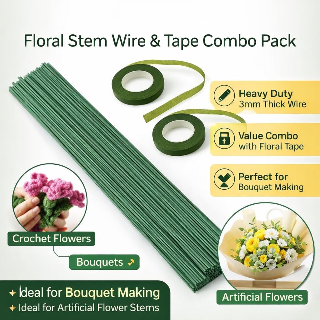 Pixora 50 Pcs Green Floral Stem Wire 3mm Thick 30cm (12 Inch) with 2 Rolls Floral Tape β for Crochet Flower, Artificial Flower, Bouquet Making & DIY Craft