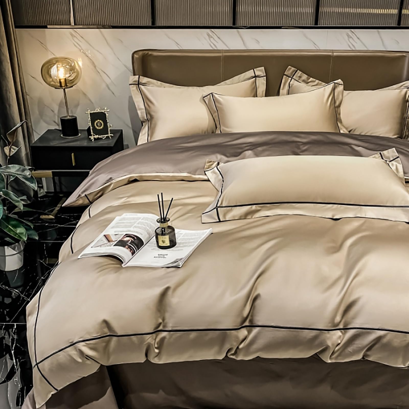 Parure de lit bicolore en coton de qualité supérieure avec housse de couette 220x240cm beige