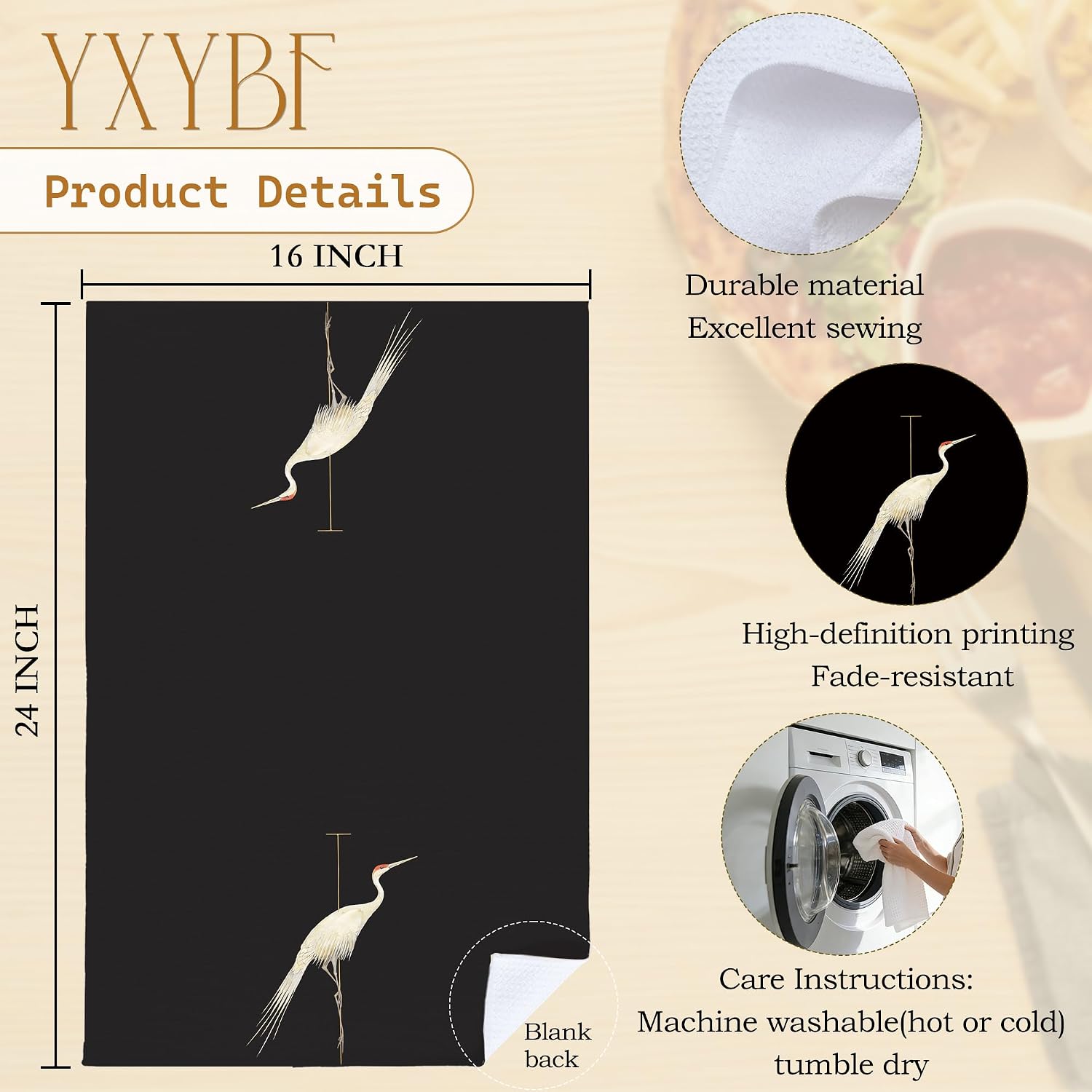 Minimalist Japanese Crane Bird Hand Dish Tea Towels for Kitchen Bathroom Decor 16x24 Inches, Dark Academia Elegant Crane Bird Kitchen Towels Decorative