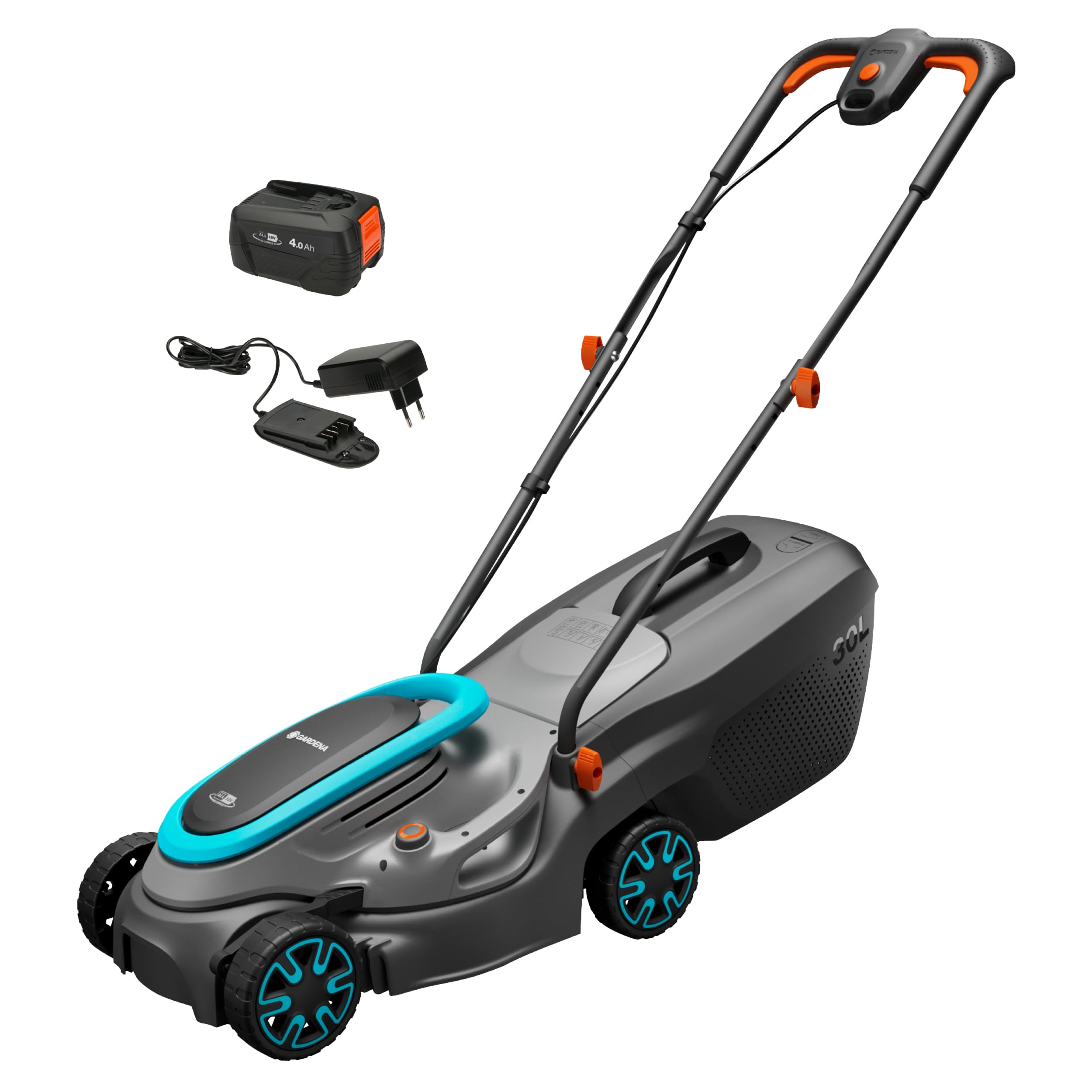 Gardena Rasaerba A Batteria Powermax 32/18V P4A Set Pronto All'Uso: Larghezza di taglio 32 cm, Capacità 30 l, Ergonomico, Regolazione dell'altezza, Senza fili (14632-20)