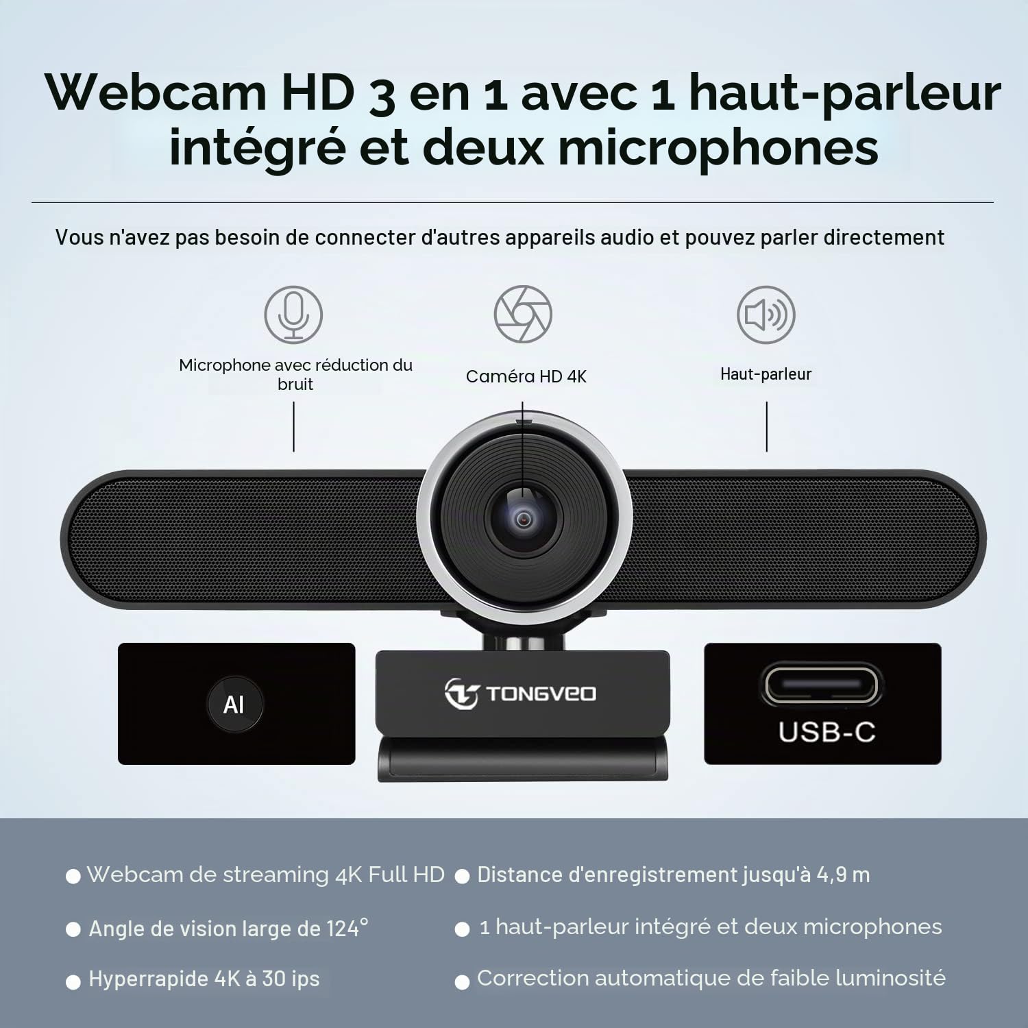 TONGVEO Webcam 4K pour conférence - Caméra avec mic et haut-parleur - Grande angle AI Auto Framing - Zoom compatible