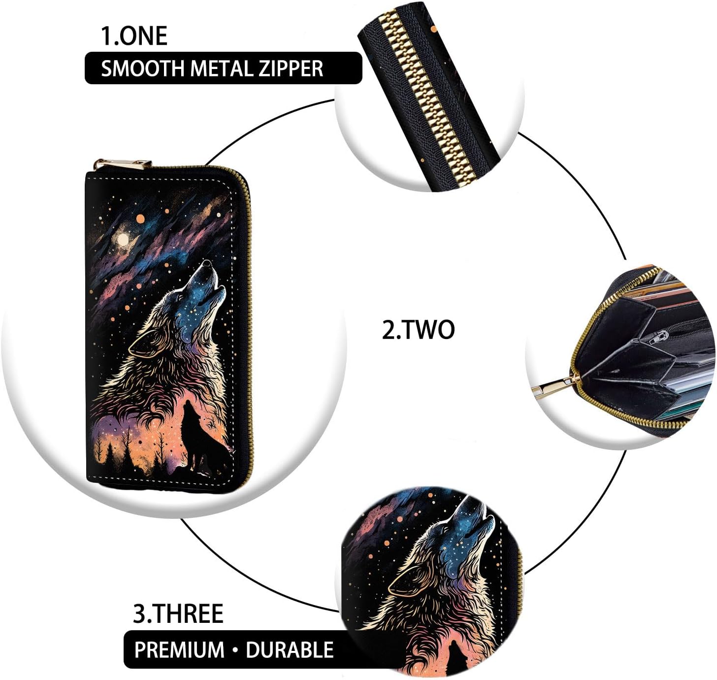 Women's RFID Blocking Zip Around Wallet with Detachable Wrist Strap, Large Capacity Credit Card Holder Organizer for Everyday Use,Galaxy Wolf - Image 4