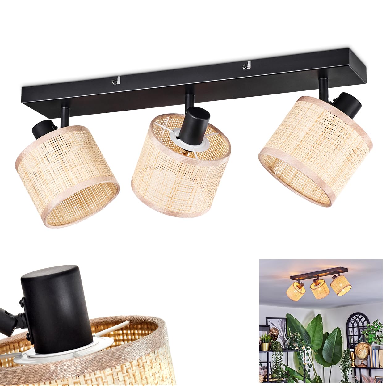HOFSTEIN Lampa sufitowa Sabadim, z metalu/plecionki papierowej/materiału w kolorze czarnym/naturalnym/brązowym, regulowana lampa w stylu boho (klosze Ø 12 cm), E14, do jadalni, salonu, sypialni