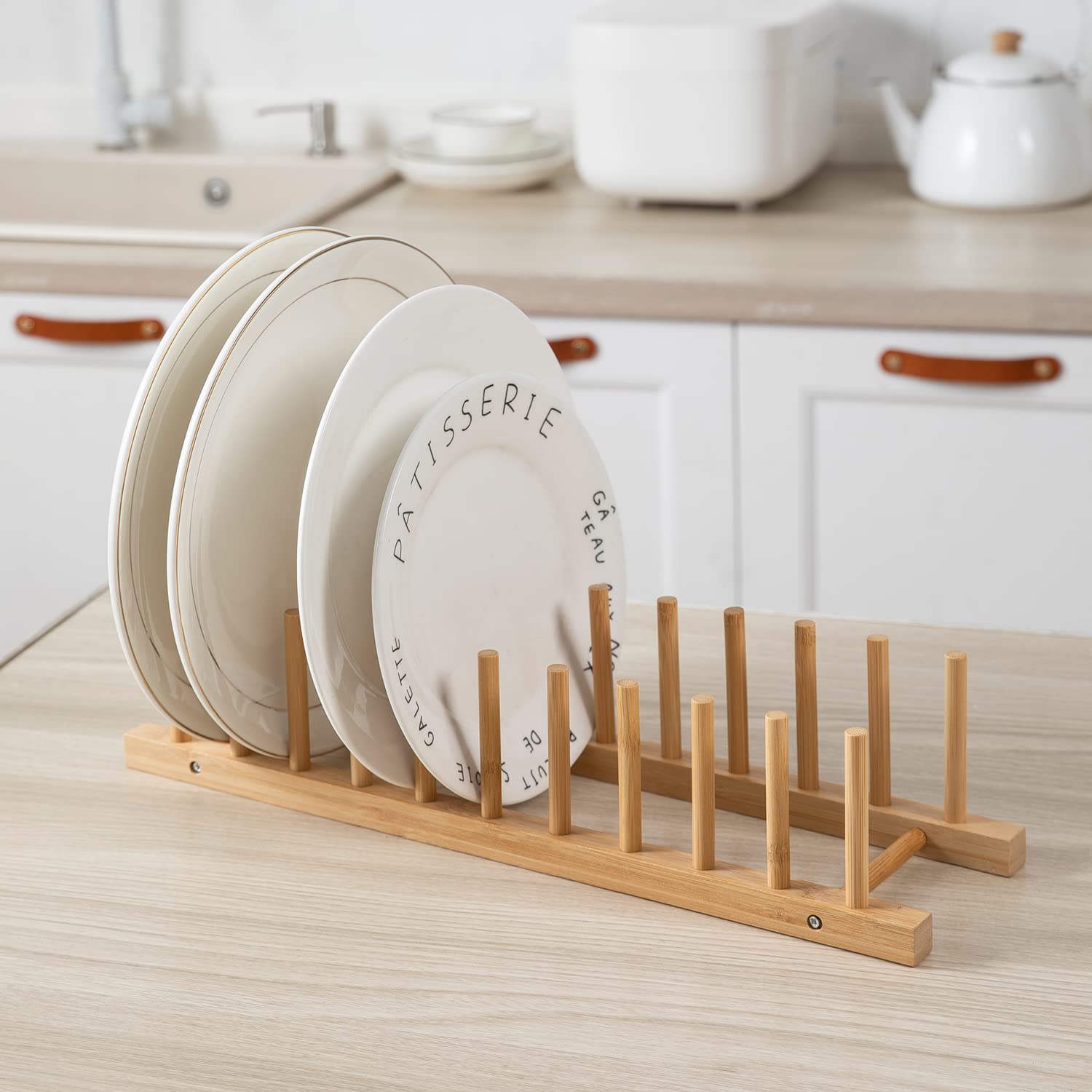HOKIPO Bamboo Wooden Plate Stand Rack for Kitchen Cabinets Dish Stand Dinner Plate Holder, 8 Slots, 36x12x2 cm (AR-4771) — Amazon image 7