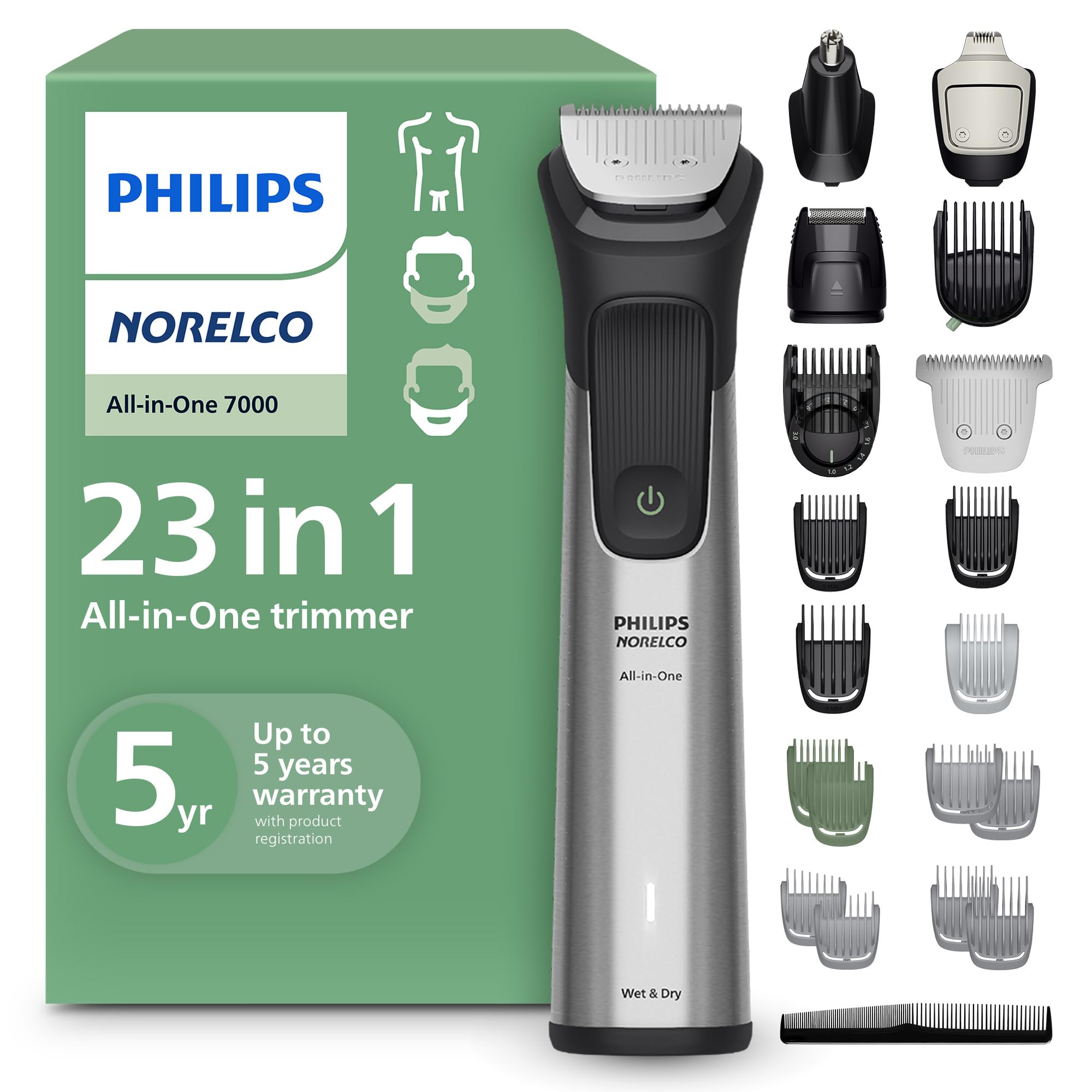Philips All-in-One 7000 Series 23-Piece Trimmer - Electric Shaver and Clipper for Face, Beard, Head & Body, Self-Sharpening Titanium Blades, 26 Length Settings (0.5-16 mm), MG7970/49