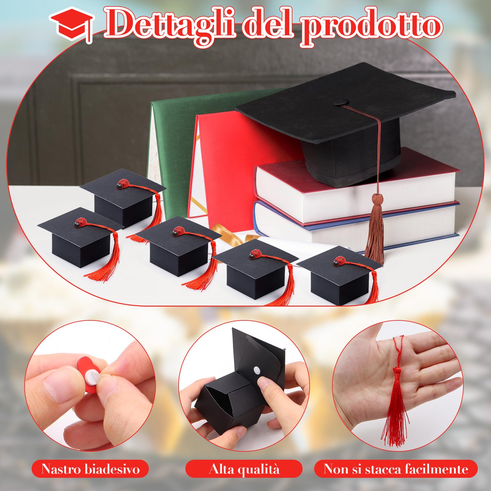 6 Scatole Portaconfetti A Forma Di Tocco Di Laurea – Rosse, Per Bomboniere Fai Da Te, 6,5x6,5x2,5 Cm - copertina