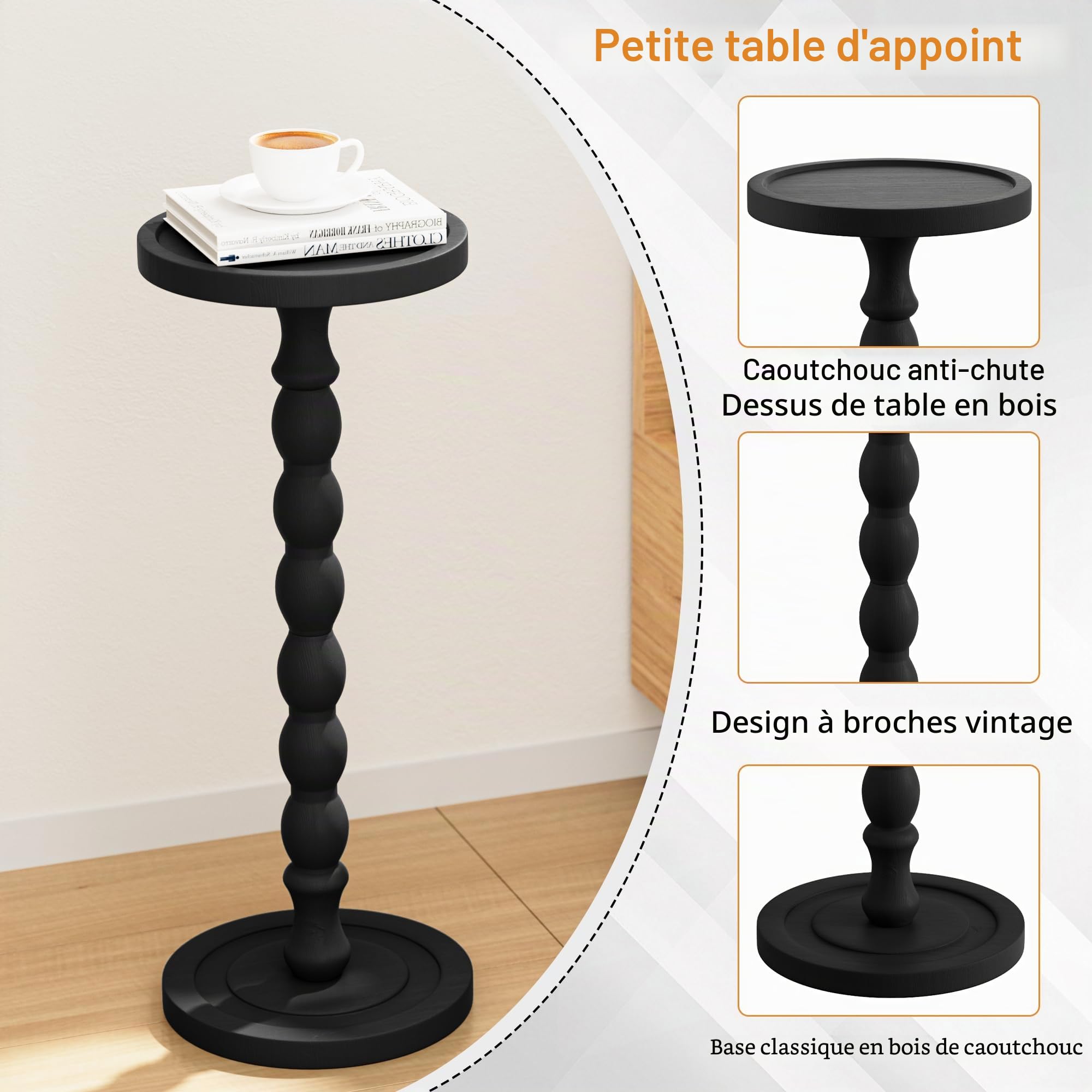 Table d'appoint ronde, petite table à boire pour petits espaces, table de chevet moderne avec pieds en bois massif pour salon, chambre à coucher, coins et bureau, noire