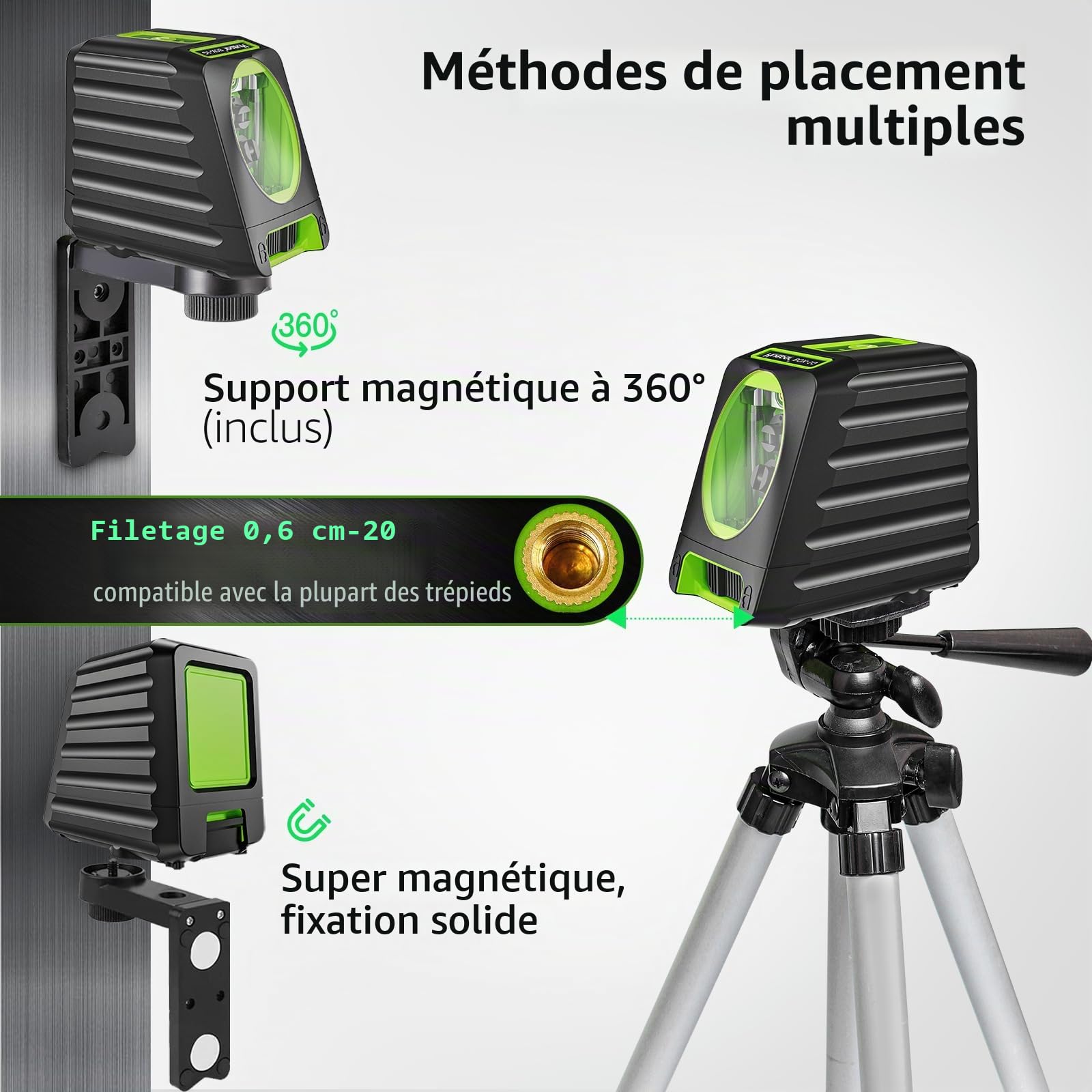 Huepar BOX-1G Niveau Laser Croix Vert, Commutable Ligne Laser Auto-nivellement avec Mode Pulsé Extérieur, H130°/ V150°Angle de couverture, Distance de Travail 25m, Base Magnétique Incluse