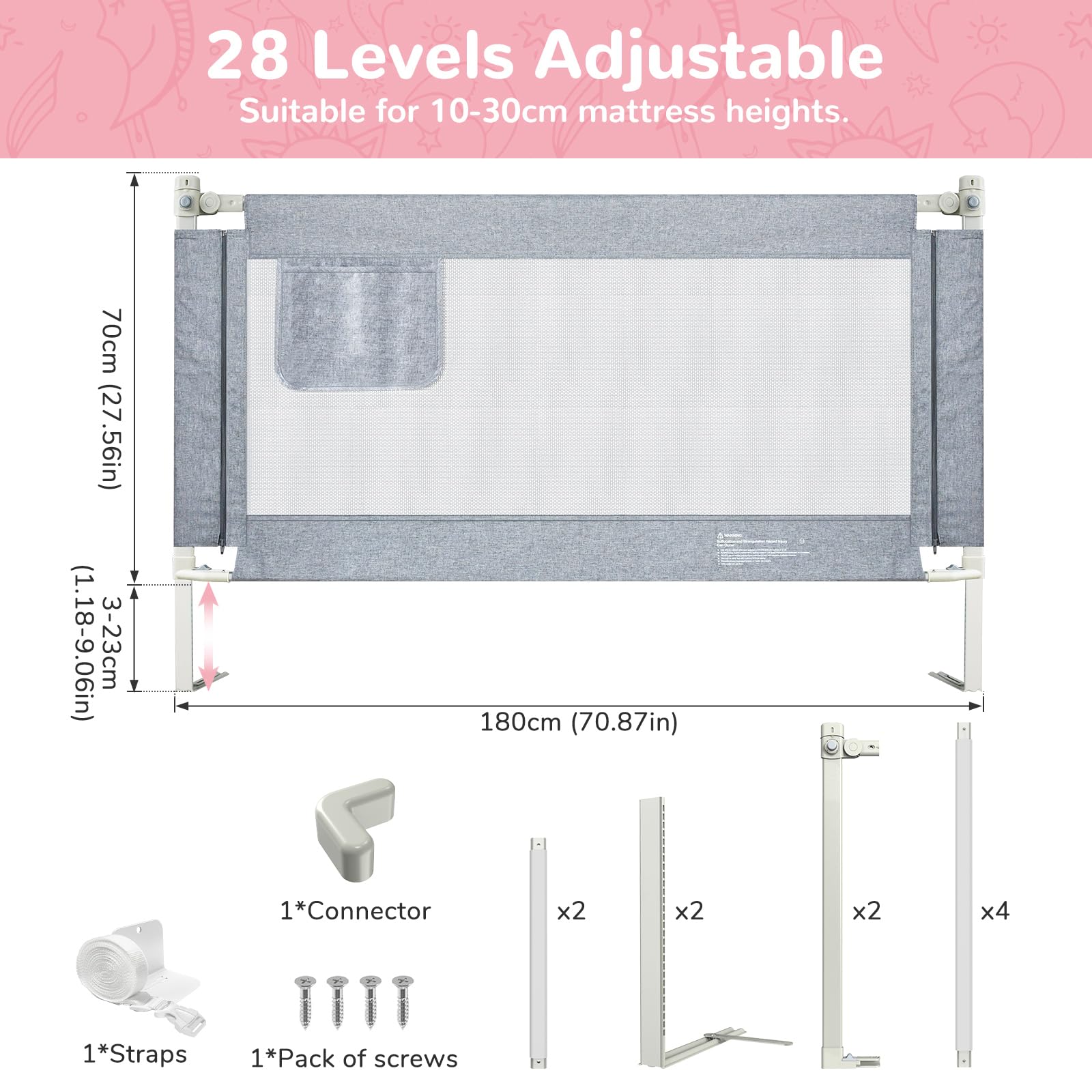 Barrière de lit anti-chute 180 cm Gris Clair avec design abaissable et sac de rangement