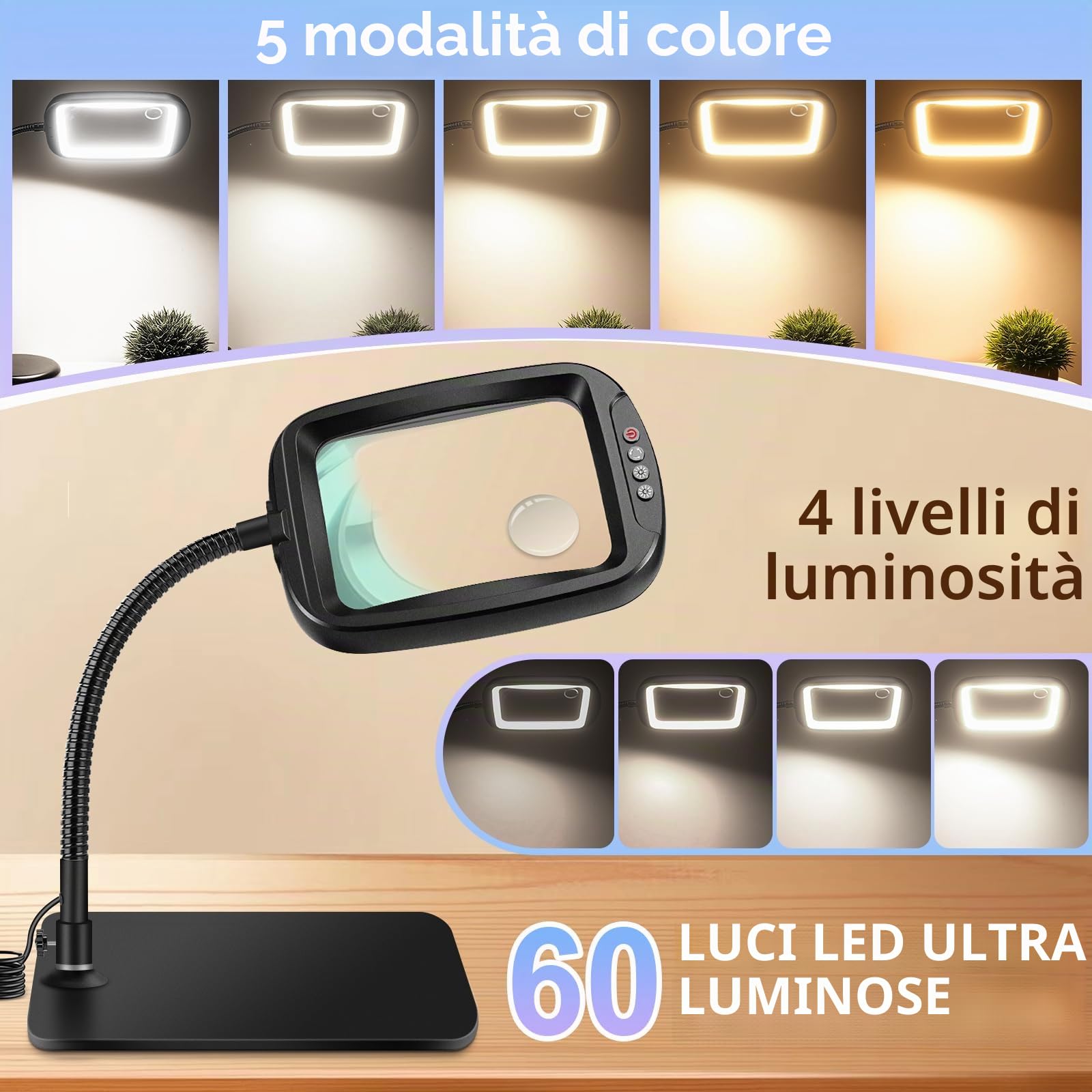 NZQXJXZ 10x Lente Ingrandimento con Luce con Luce e Supporto, 5 Modalità Colore Dimmerabili Lampada Lente Ingrandimento, Lampada ingrandimento per Diamond Painting, Lettura, Riparazione, Artigianato