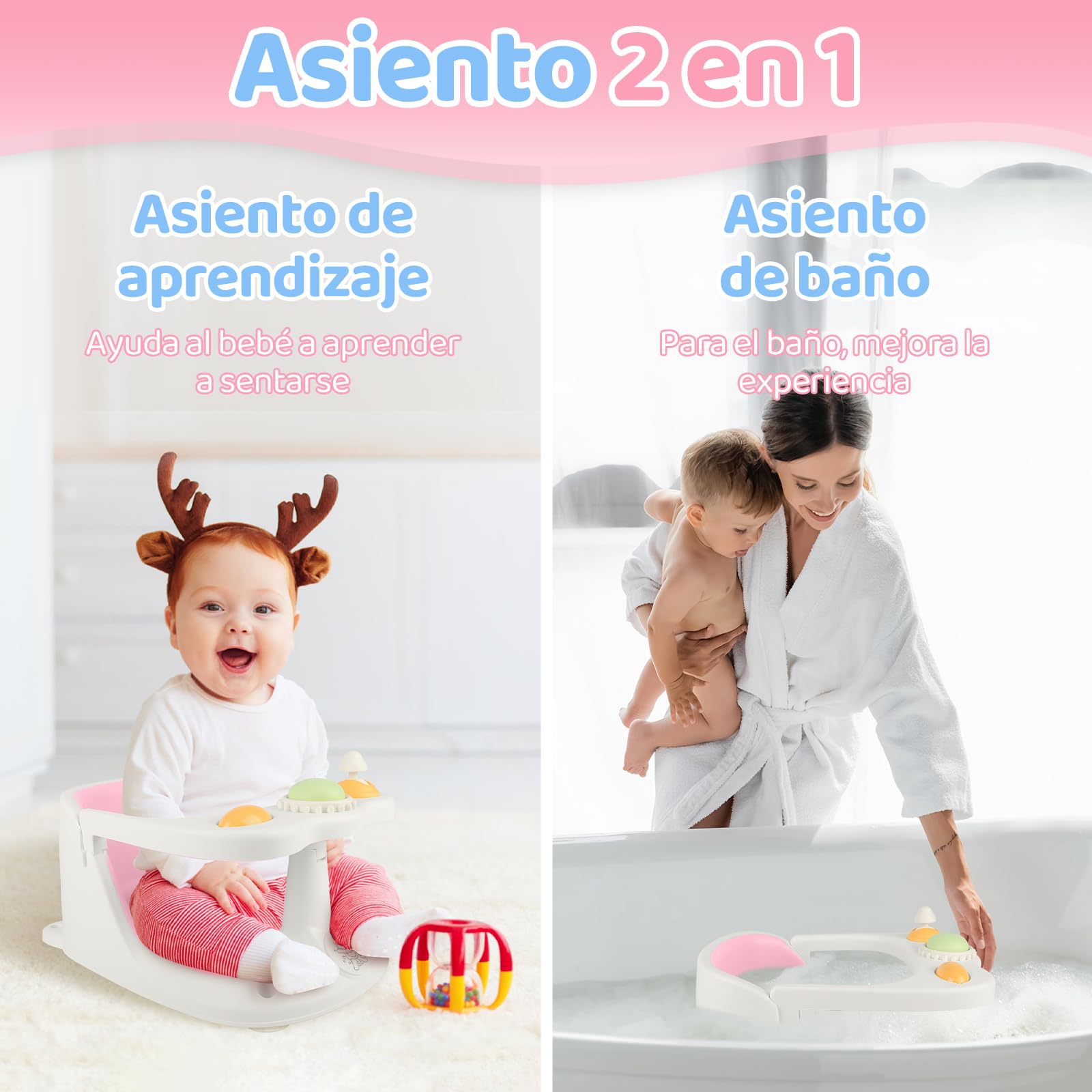 Aragallant Asiento de Baño para Bebé de 6+ meses, Silla Bañera Bebé Antideslizante, Asiento Ducha Bebe con 4 Ventosas, Silla para Ducha de Bebe con Juguetes, Soporte Bañera Bebe (Rosa)