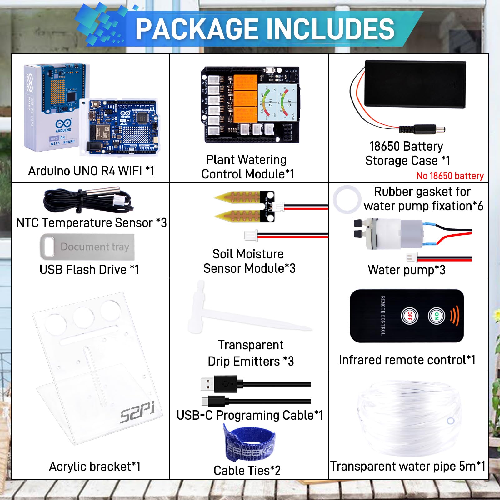 GeeekPi Plant Watering Kit para Arduino UNO R4 WiFi con placa de microcontrolador UNO R4 Wifi, sensor de humedad del suelo, bomba de agua, pantalones de irritación, documentación en línea
