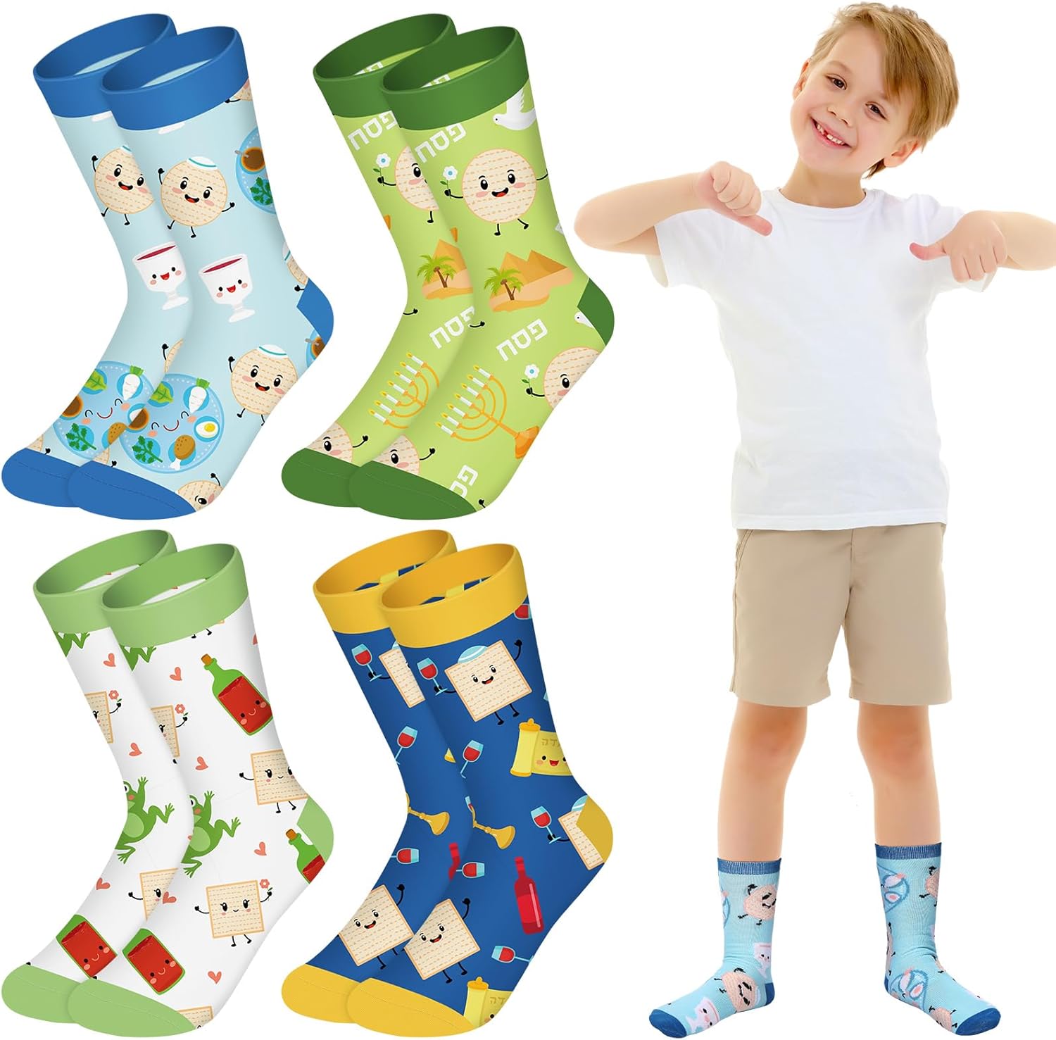 8 Pairs Passover Matzah Socks for Kids Pesach Seder Holiday Gift Passover Novelty Frogs Crew Socks Jewish Holiday Party Favors Accessories, 7-10 Years