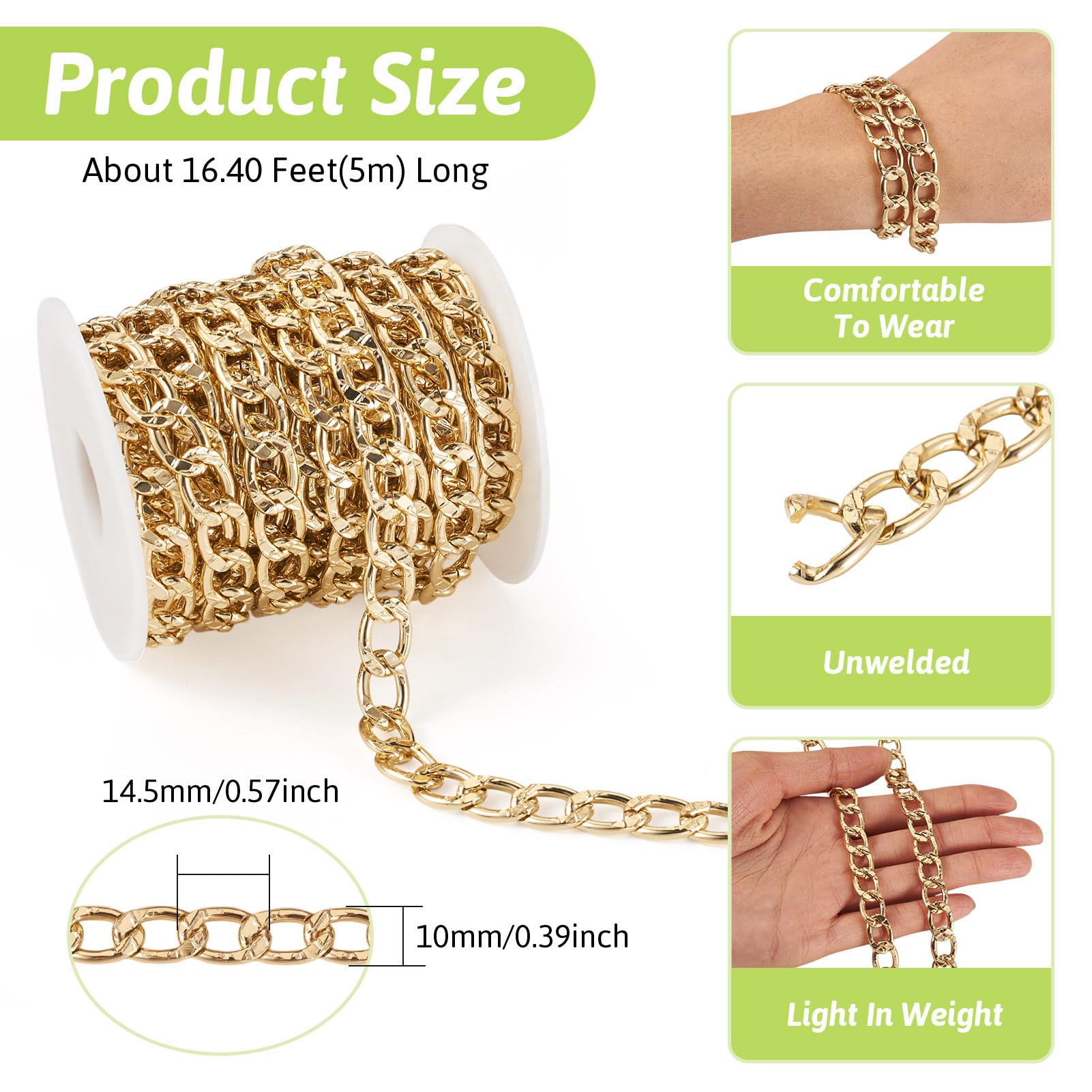 Lot De 10 Rouleaux De Chaînes De Collier Dorées De 23,8 M Pour La Fabrication De Bijoux, Chaîne Plaquée Or Avec Fermoir Mousqueton, Anneau Ouvert Et