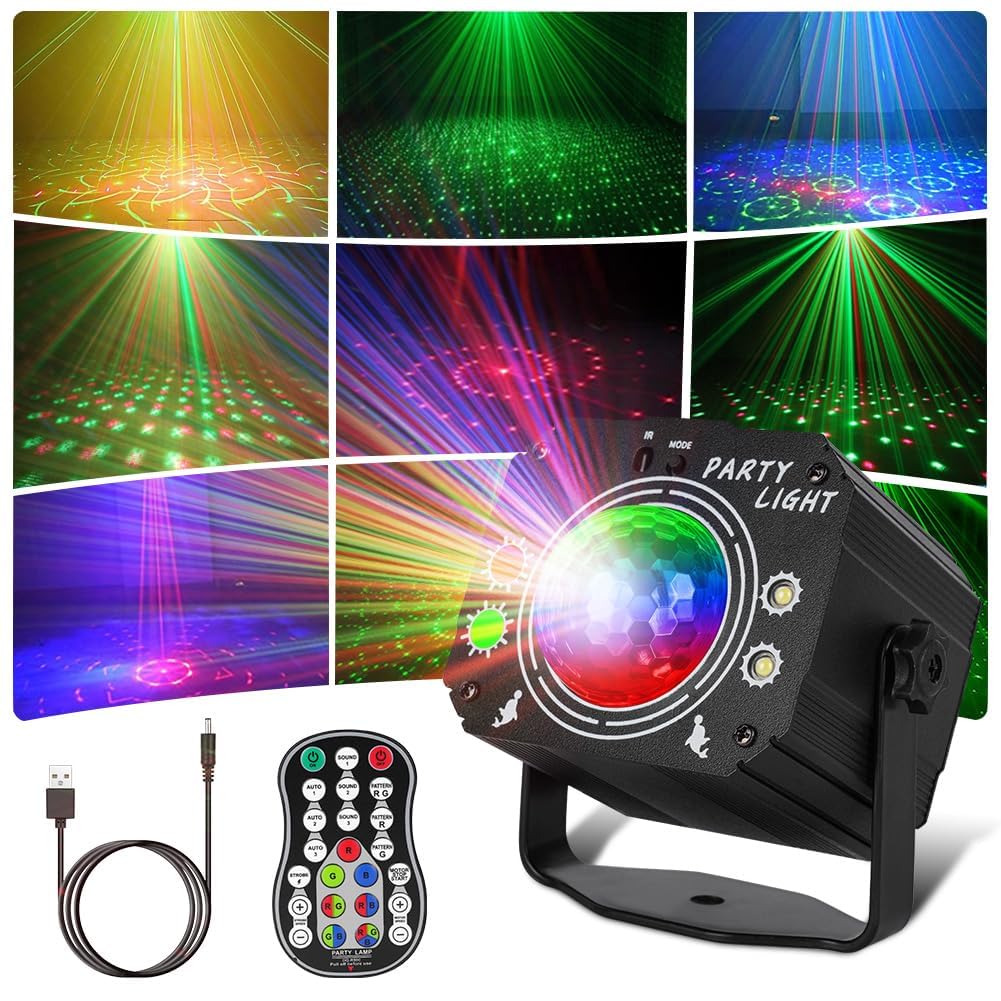 URAQT Luces de Discoteca, Luces de Fiesta, 60 Modos Luz Discoteca RGB Giratoria 360°, Luces Discoteca con Cable USB 2M y Control Remoto Inalámbrico para Casa,Fiesta, Cumpleaños, Bar, Navidad
