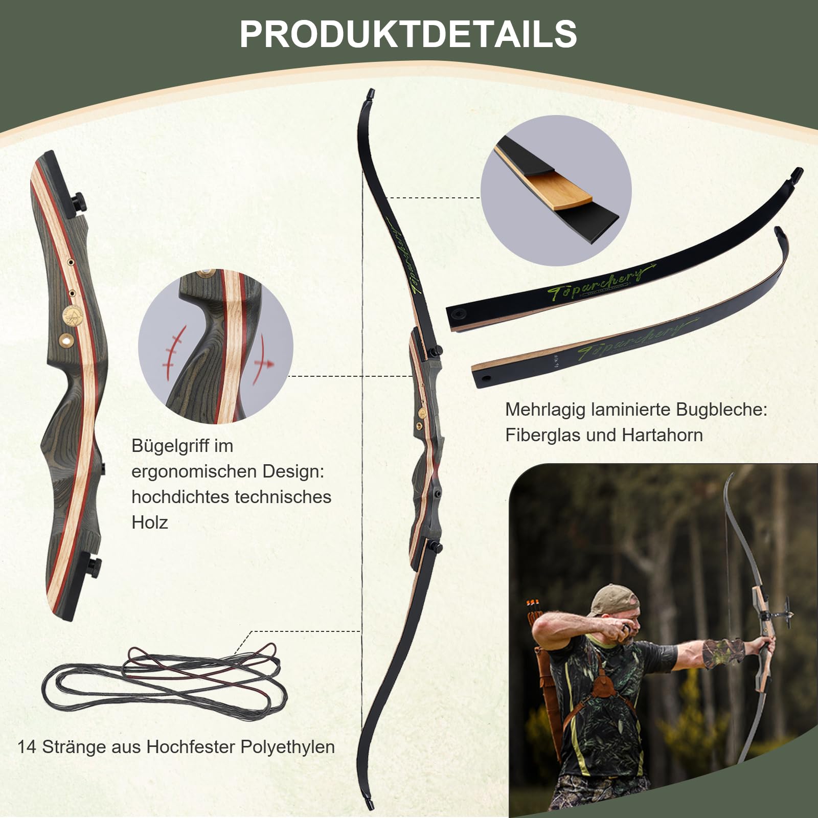 TOPARCHERY Recurve Bogen 62" Bogenschießen Takedown Hunting Recurve Bow für Erwachsene 20-50lbs Holzbogen Longbogen jagdbogen mit Stringer Rechte Hand