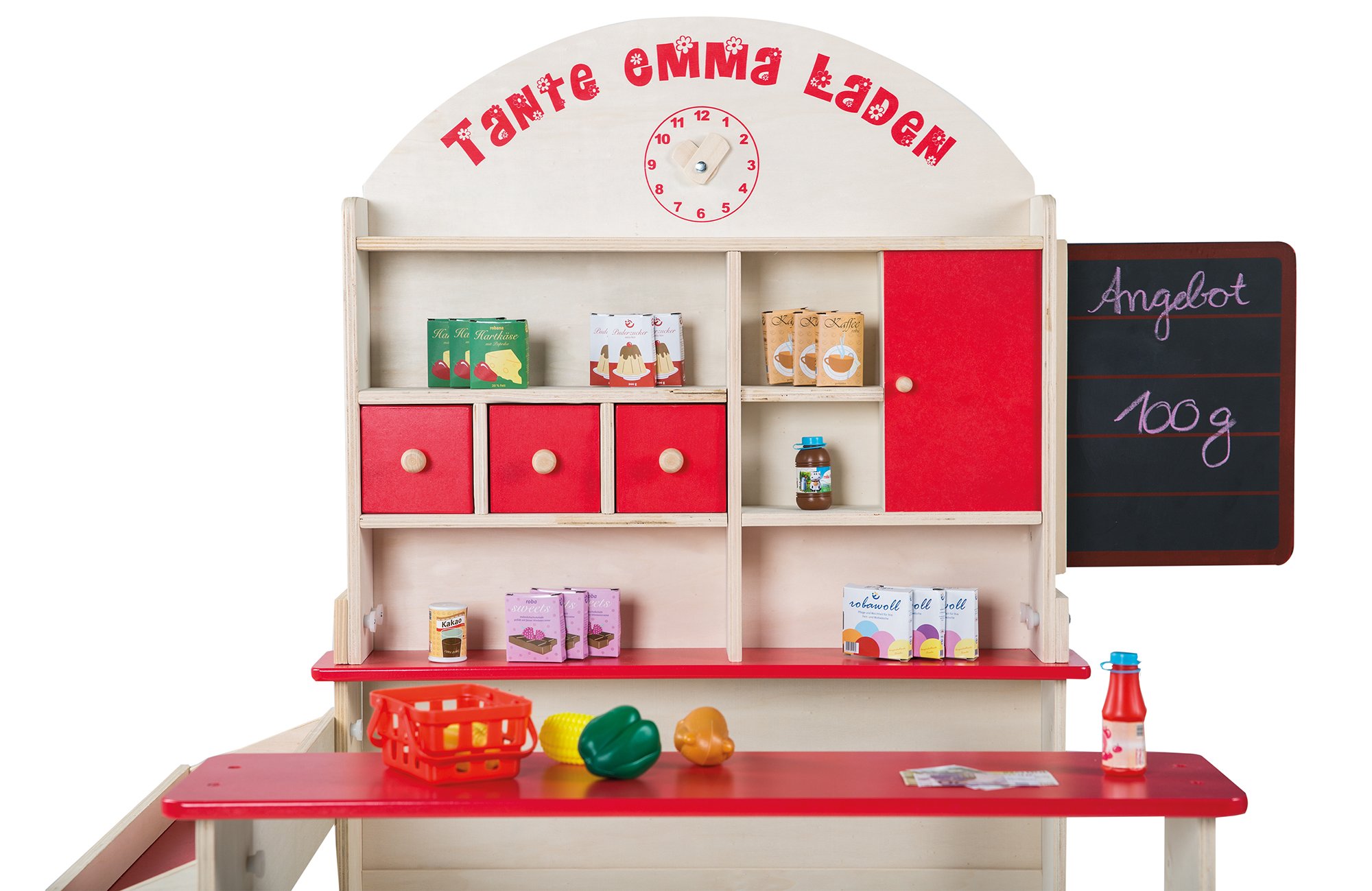roba Marchande Enfants Tante Emma avec + de 100 Pièces d'Accessoires - une Vraie Caisse Enregistreuse et Haut parleur - Horloge et Tableau à Craie - Rouge / Naturel