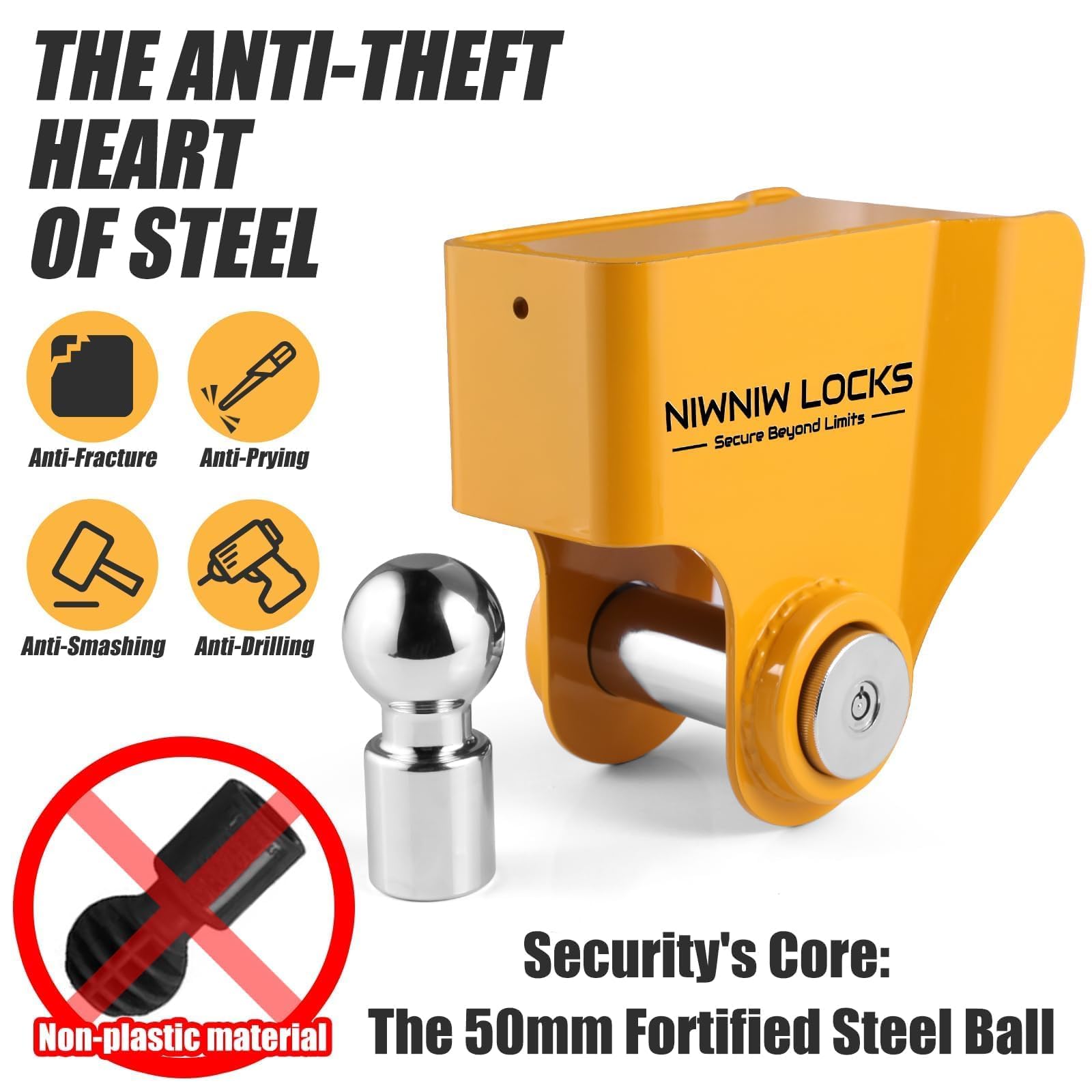 NiwNiw Verrou d'attelage de remorque robuste pour tête sphérique en acier forgé Knott Avonride 50 mm (575003/575004/575005/575008), verrou d'attelage antivol haute sécurité avec armure en acier trempé