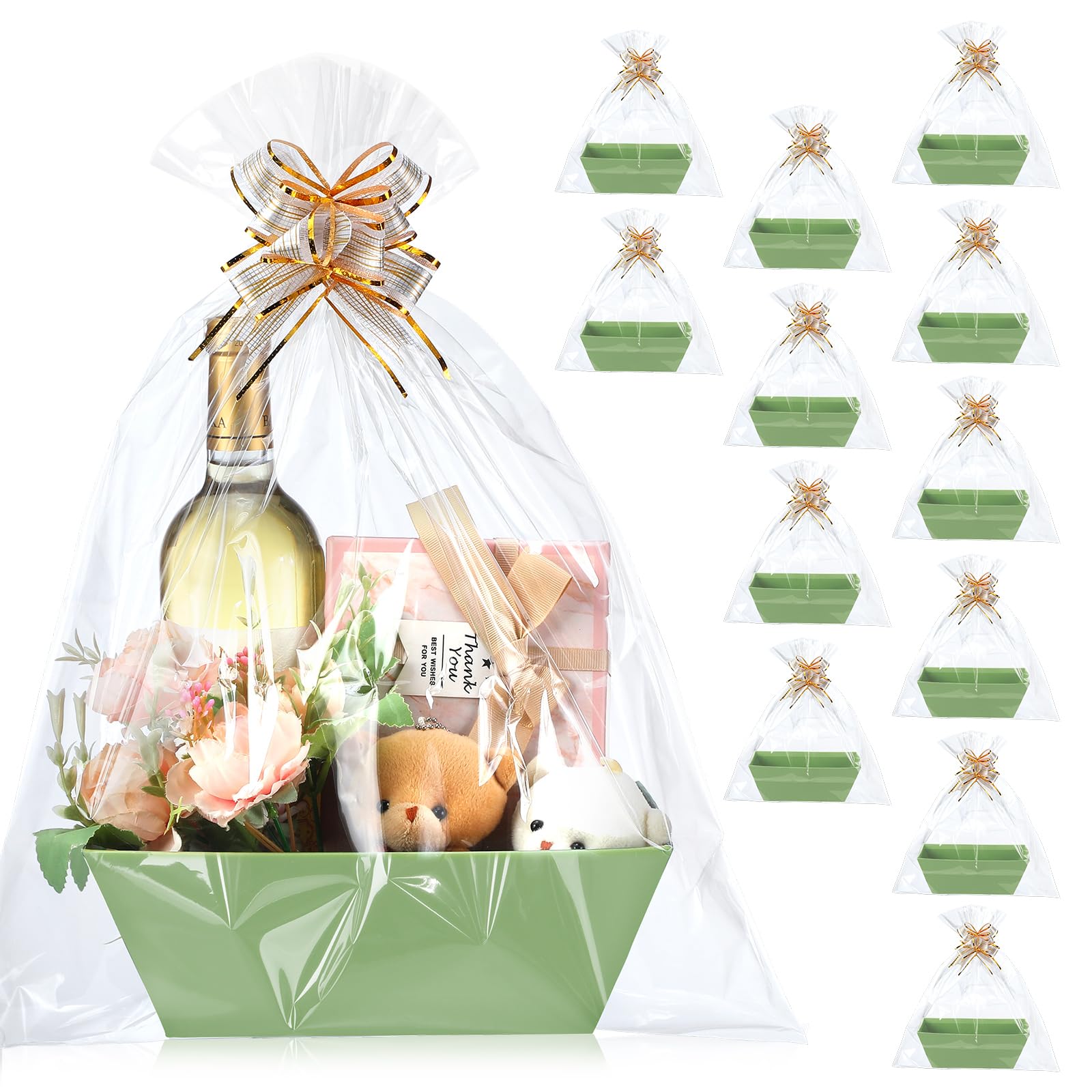 44 Pcs Basket for Gifts Empty Gift Basket Kit Include 12 Gift Basket Empty 12 Plastic Bags for Gift Baskets and 20 Pull Bows for Wedding Thanksgiving Christmas Party Gift Wrapping (Sage Green,Solid)