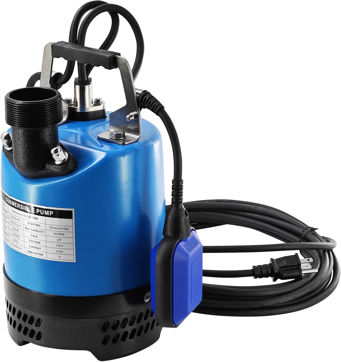 LB-480 2/3 HP 115 V Auto Float Switch Submersible Dewatering Pump Replacement for Tsurumi Pump LB-480-62 LB480 2'' Straight Male NPT Submersible Drainage Utility Pump Single Phase 50 GPM