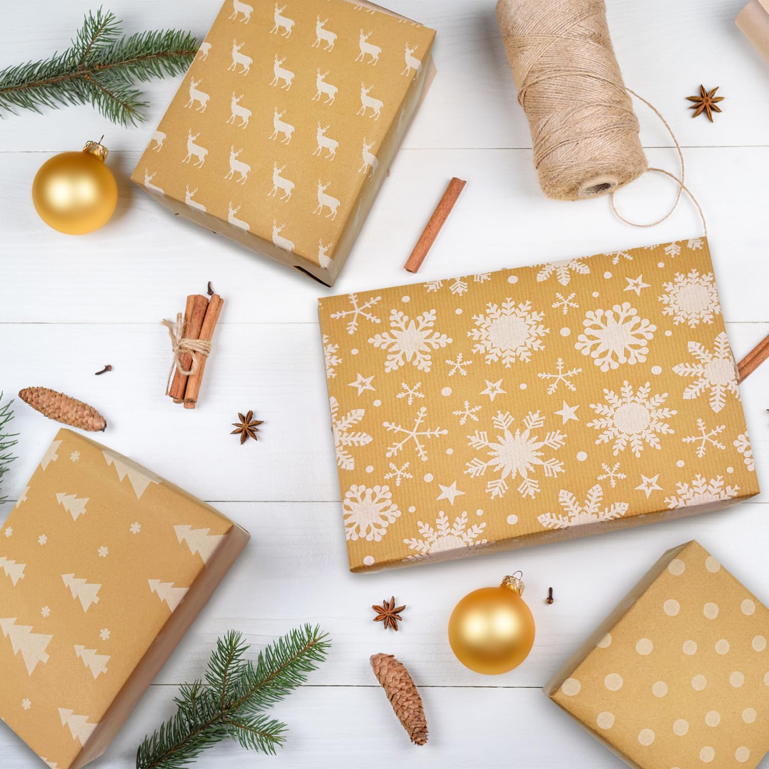 Lot De 4 Rouleaux De Papier Cadeau Kraft 43cm X 3m - Avec Autocollants, Ruban, Ficelle - Pour Anniversaire, Fête