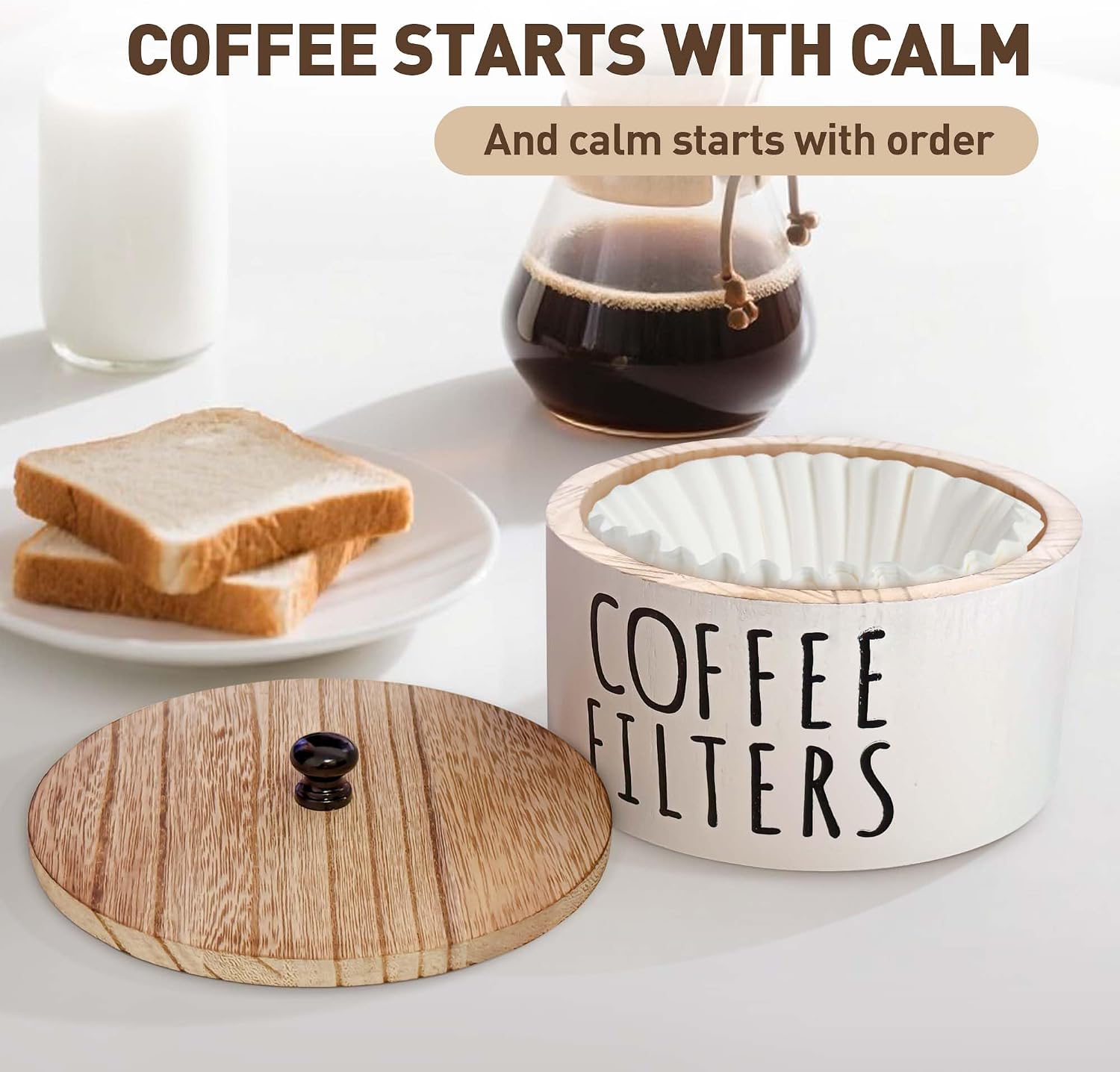 KAYIN Coffee Filter Holder, 78oz Wooden Container with Bamboo Lid, Round Organizer for Filter, Coffee Bar Decor Accessories, 6.3" × 6.3" × 3.54", White
